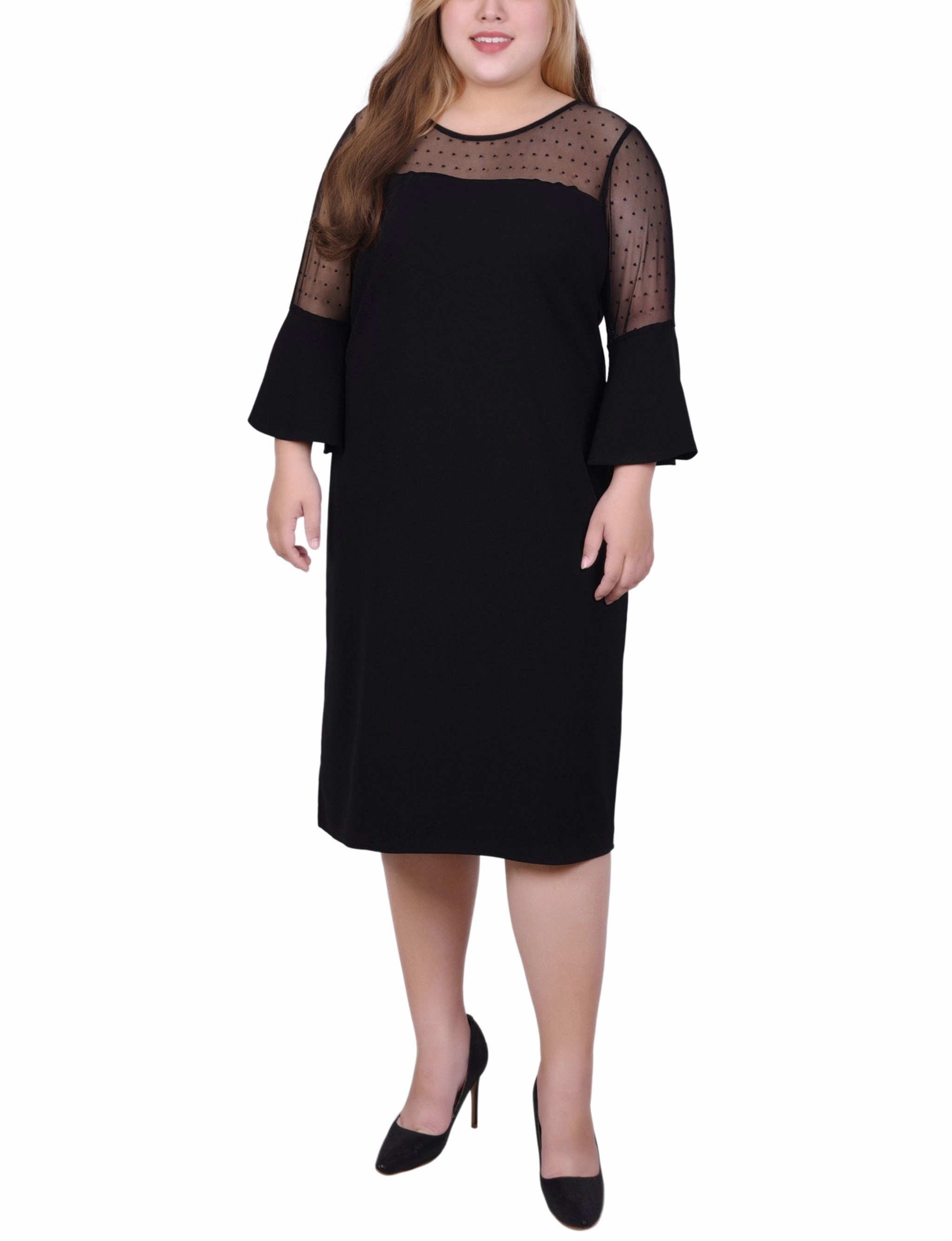 Plus Size Illusion Neck Scuba Dress Gemstone-Detail