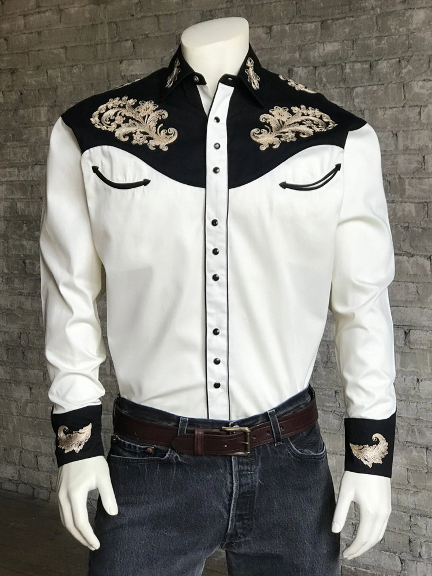 Rockmount Mens White 100% Cotton Natural Vintage Tan Floral L/S Shirt Flexible Knit