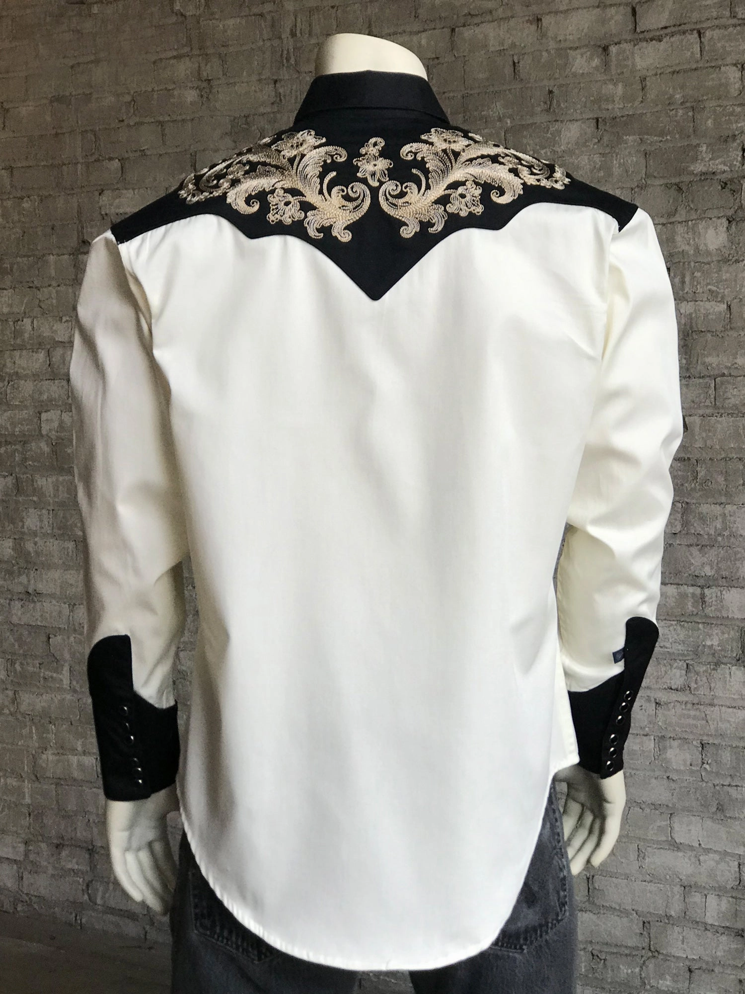 Rockmount Mens White 100% Cotton Natural Vintage Tan Floral L/S Shirt Wedding guest Sheer Panel