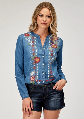 Roper Womens Floral Lightweight Blue 100% Cotton L/S Shirt Workwear Approved
