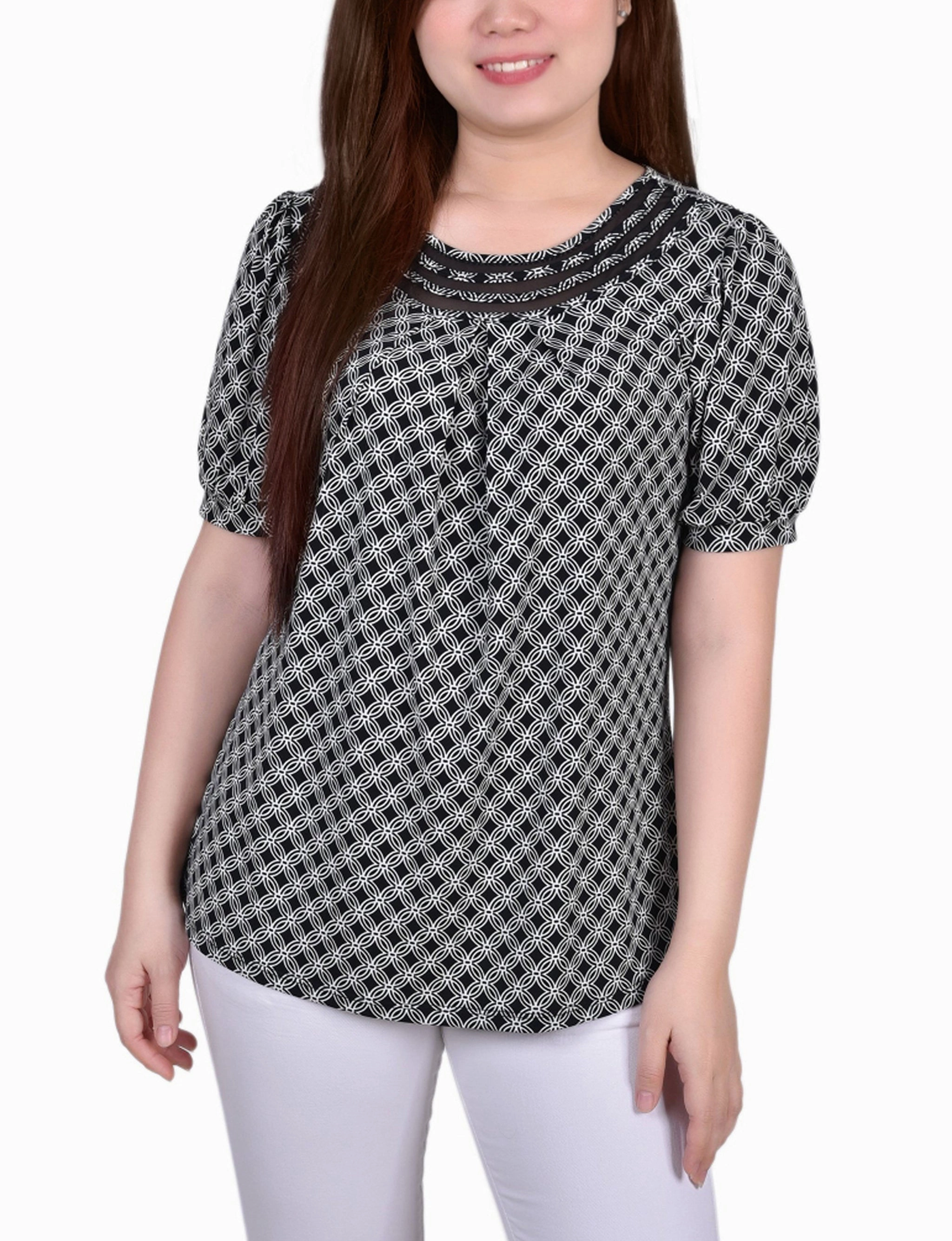 Short Puff Sleeve Sheer Inset Top Flowing Design