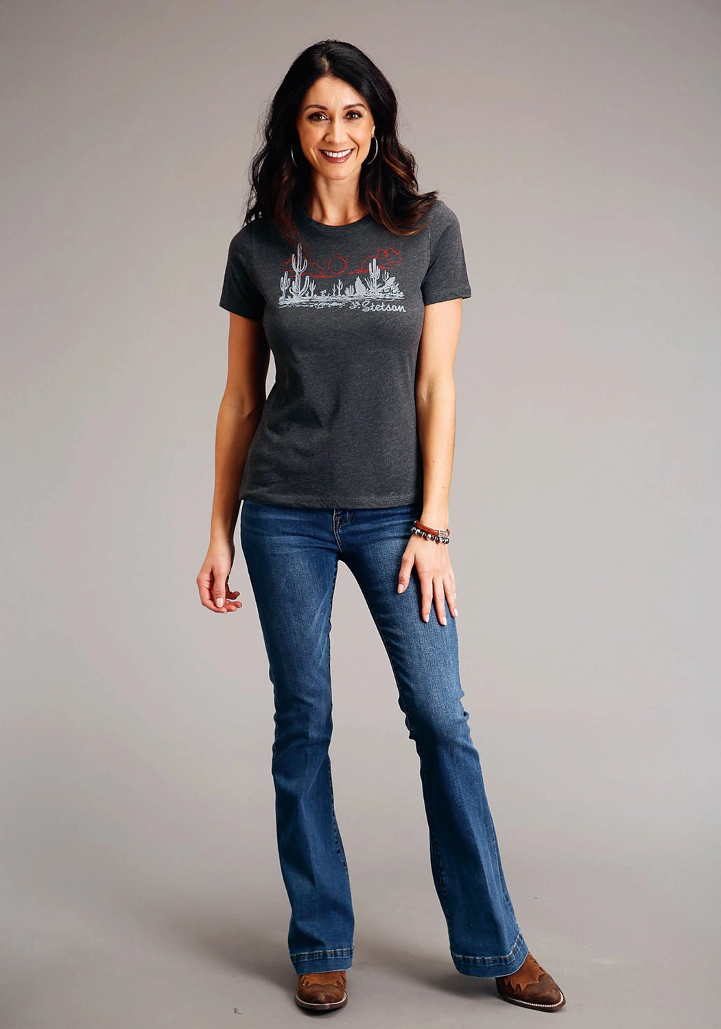 Outerwear Companion Workwear Approved Stetson Womens Charcoal Cotton Blend Cactus Desert Scene S/S T-Shirt