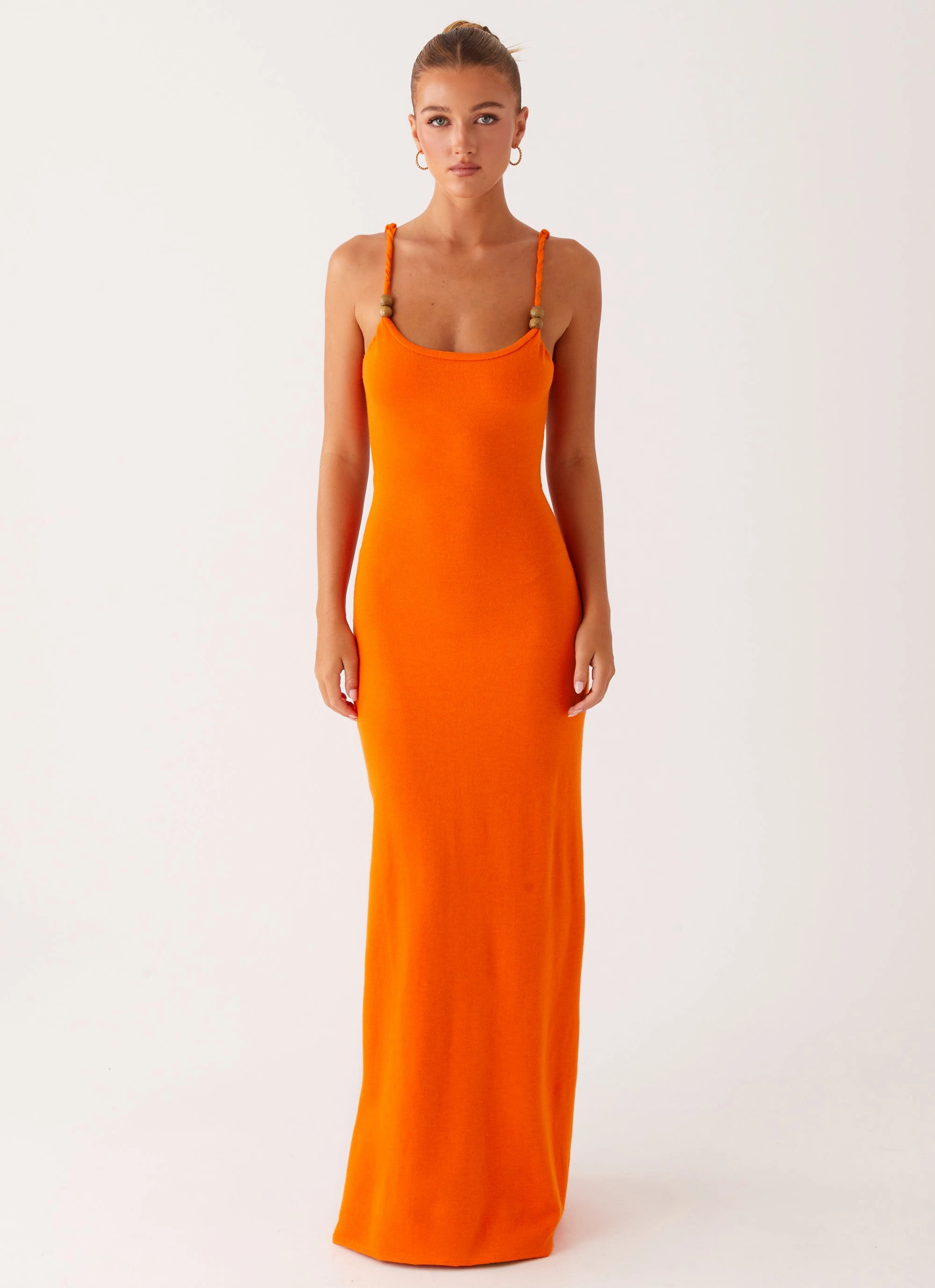 Elaina Knit Maxi Dress - Orange Fringe Detail