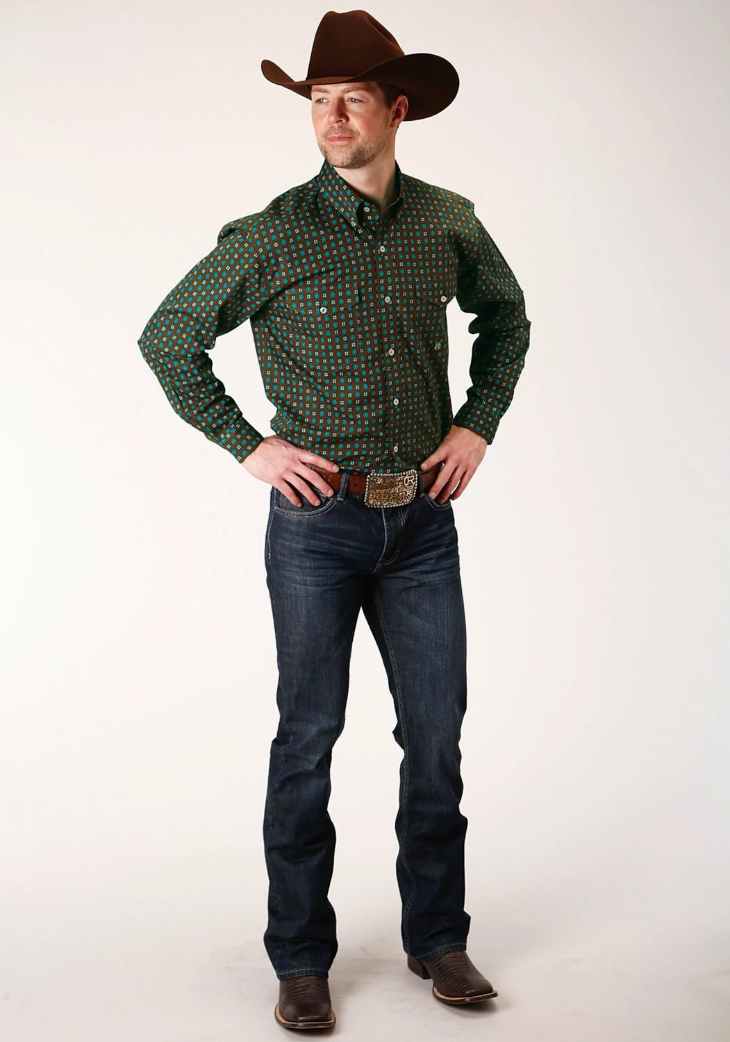 Smooth zipper closure Essential Wardrobe Roper Mens Chocolate 100% Cotton Agave Foulard BD L/S Btn Shirt