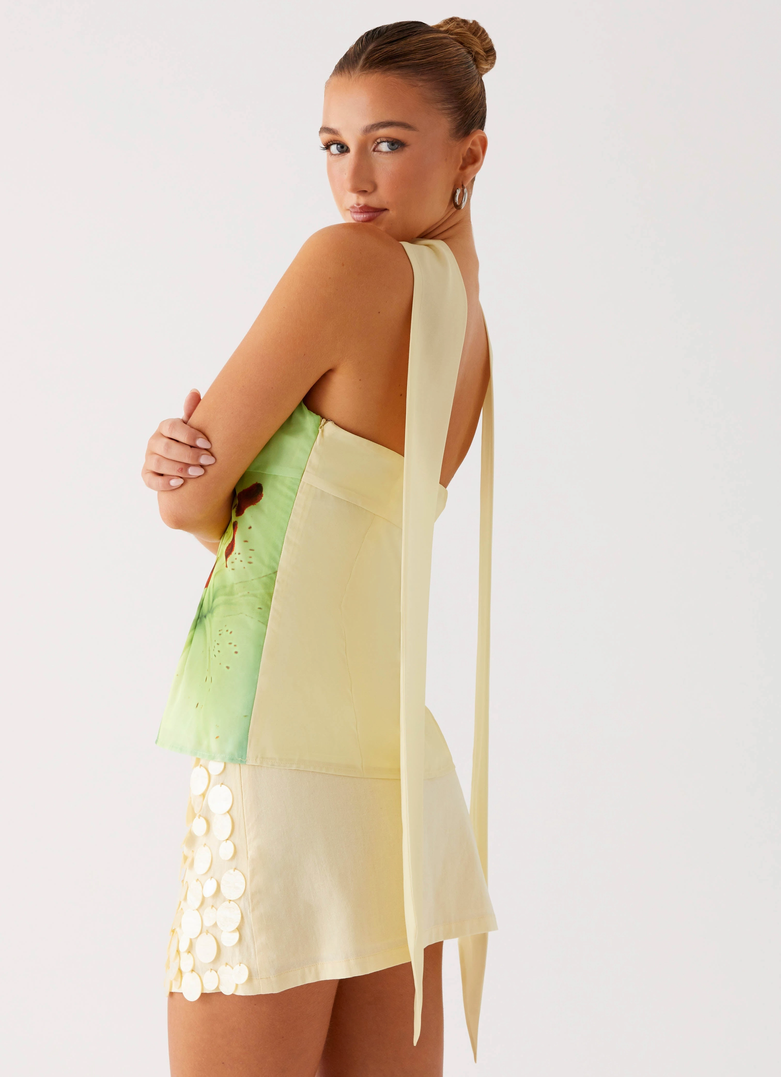 Soft Cotton Blend Four Way Stretch Material Blaise Scarf Top - Yellow Floral