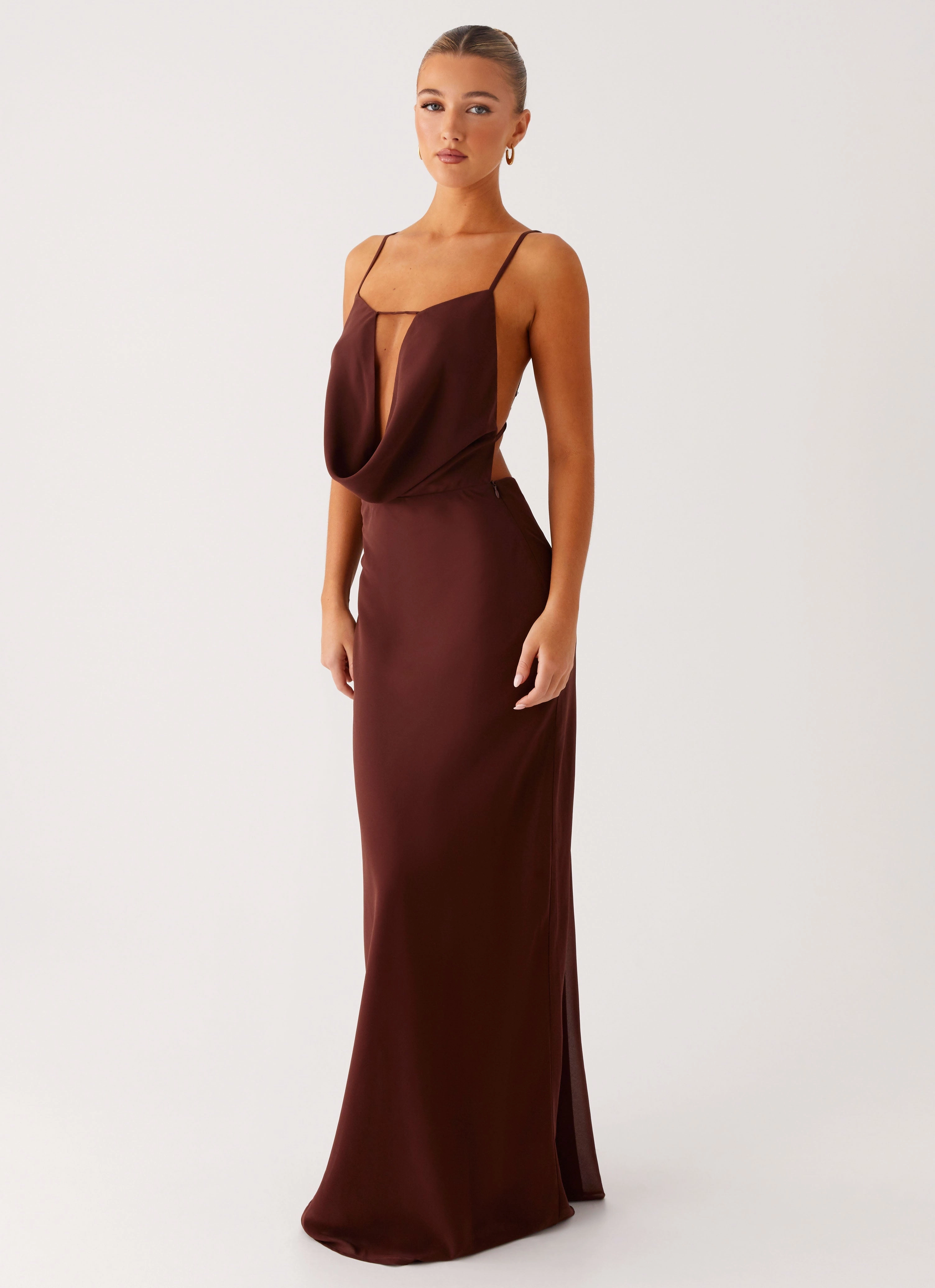Elation Cowl Neck Maxi Dress - Chocolate Hidden Zipper Weatherproof Jacket
