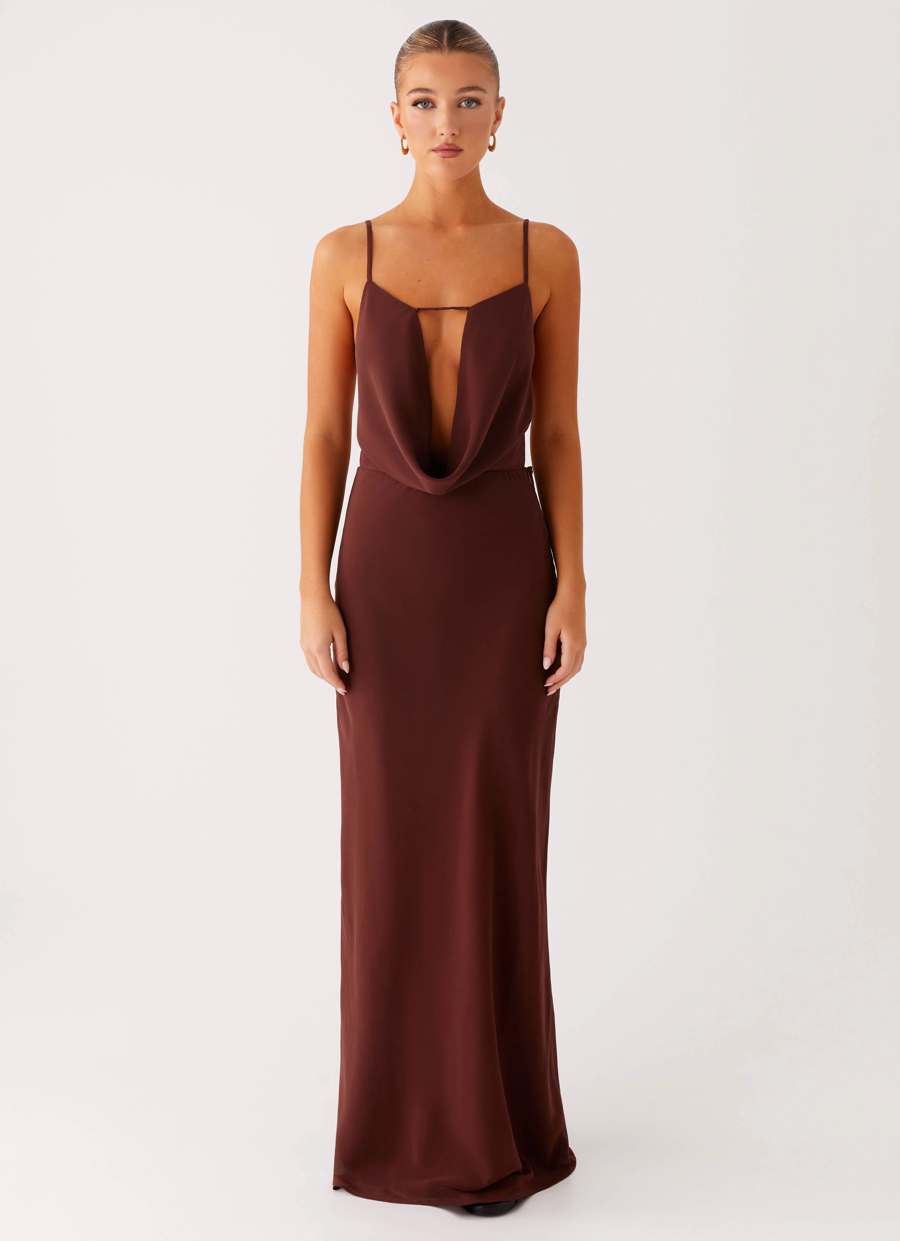 Padded Outerwear Elation Cowl Neck Maxi Dress - Chocolate
