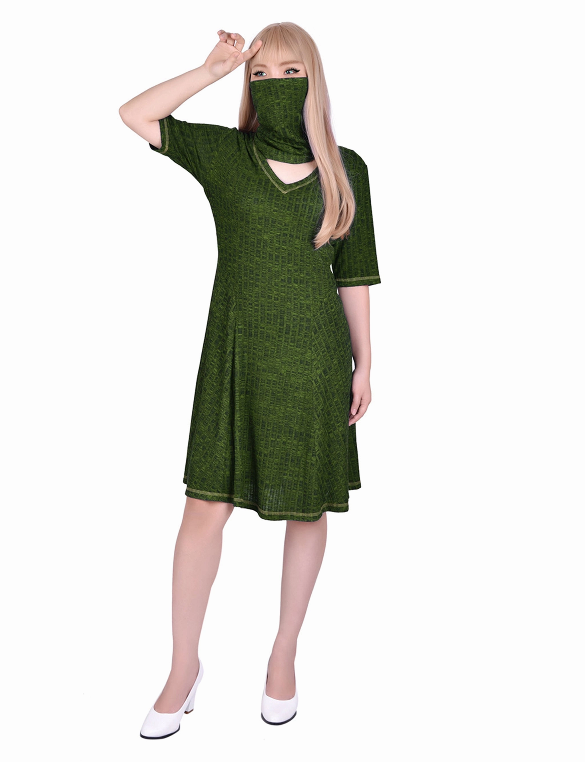 Timeless Comfort Wear Easy Flow Elbow Sleeve Ribbed Dress With Matching Face Covering/Headband