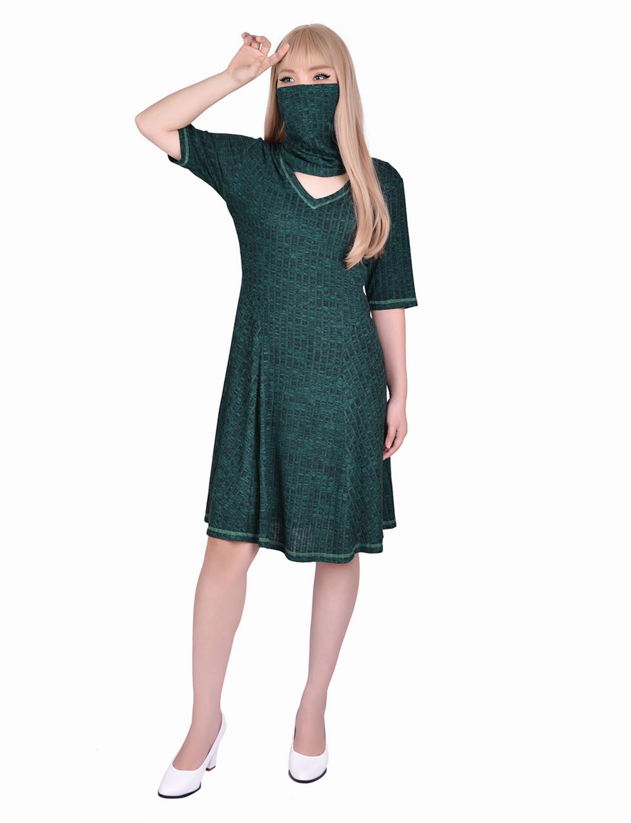 Elbow Sleeve Ribbed Dress With Matching Face Covering/Headband Comfortable fit dress for all body types Chilly Weather Comfort