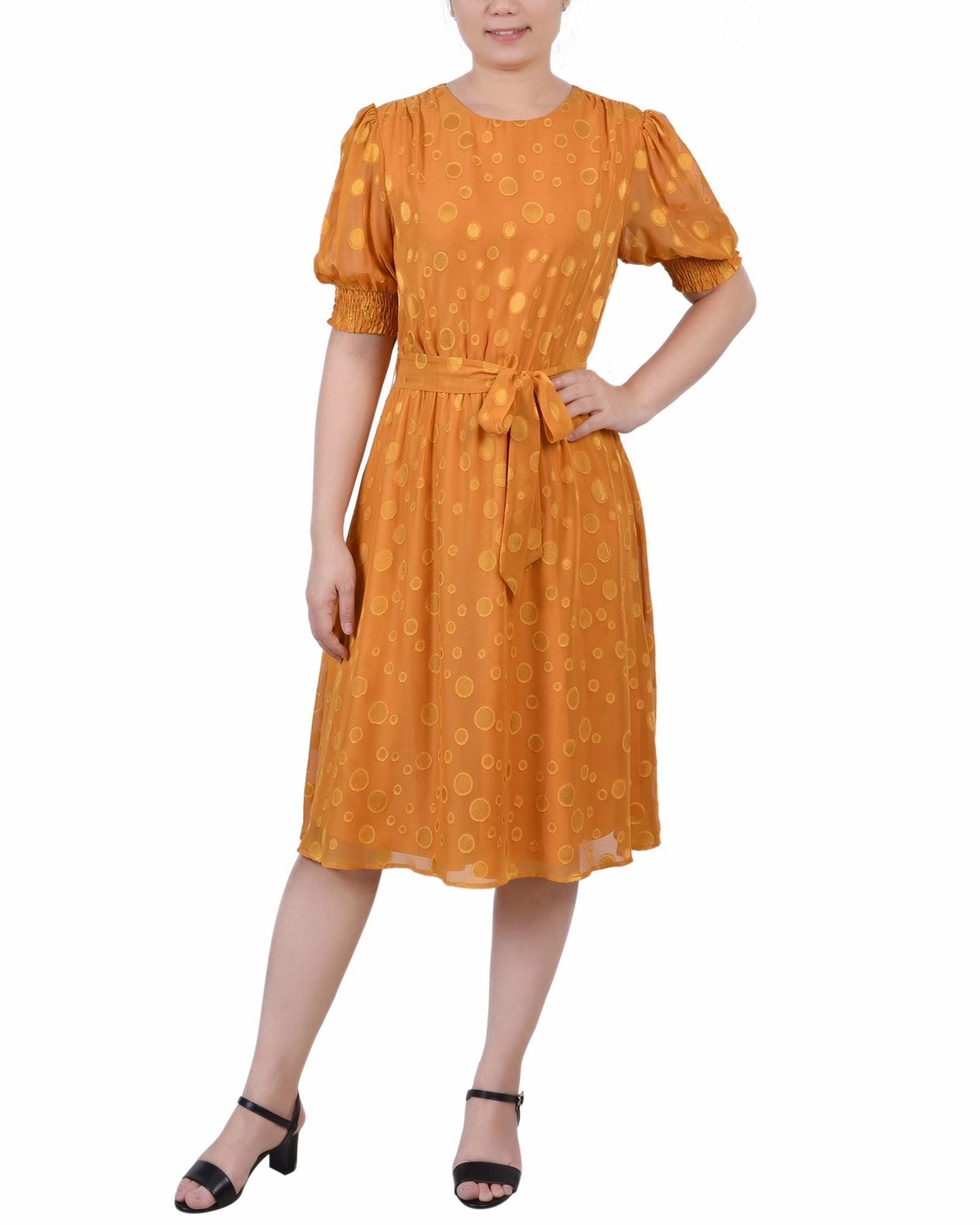 Polished Finish Elbow Sleeve Swiss Dot Dress