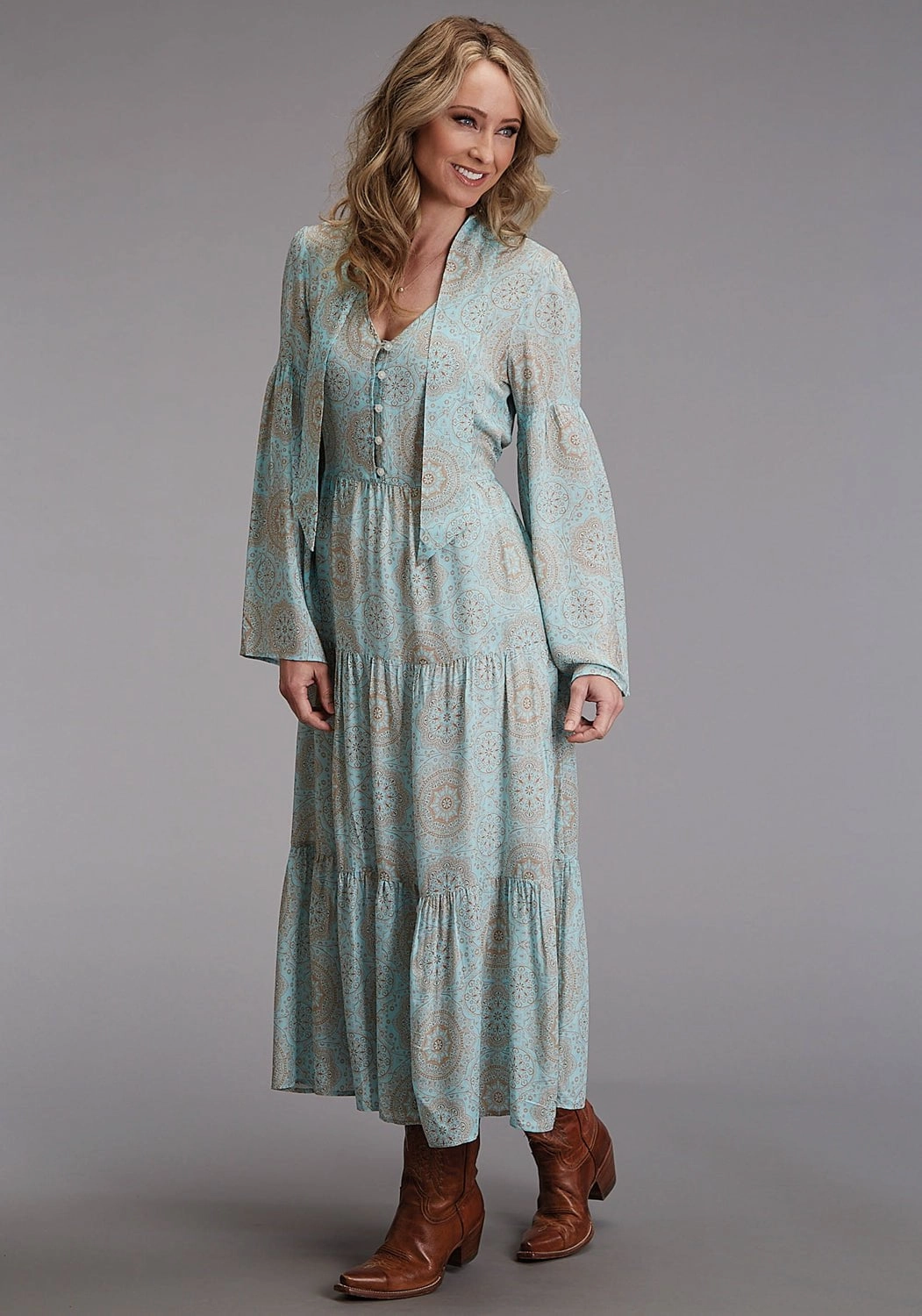 Daily Casual Modern Look Stetson Womens 1986 Mandala Print Aqua 100% Rayon L/S Dress