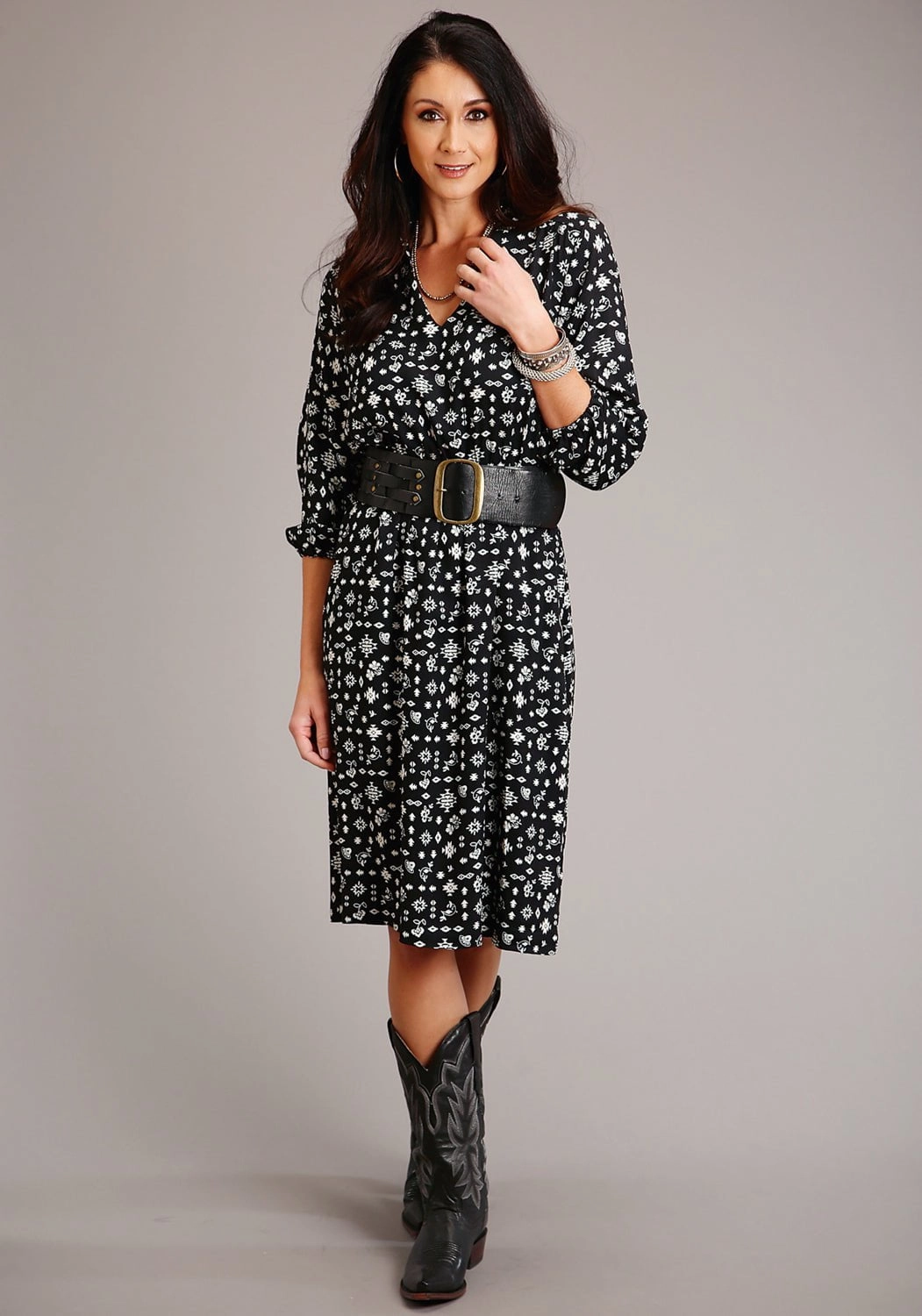 Evening Wear Stetson Womens Black Rayon/Nylon Southwestern Ditzy L/S Dress