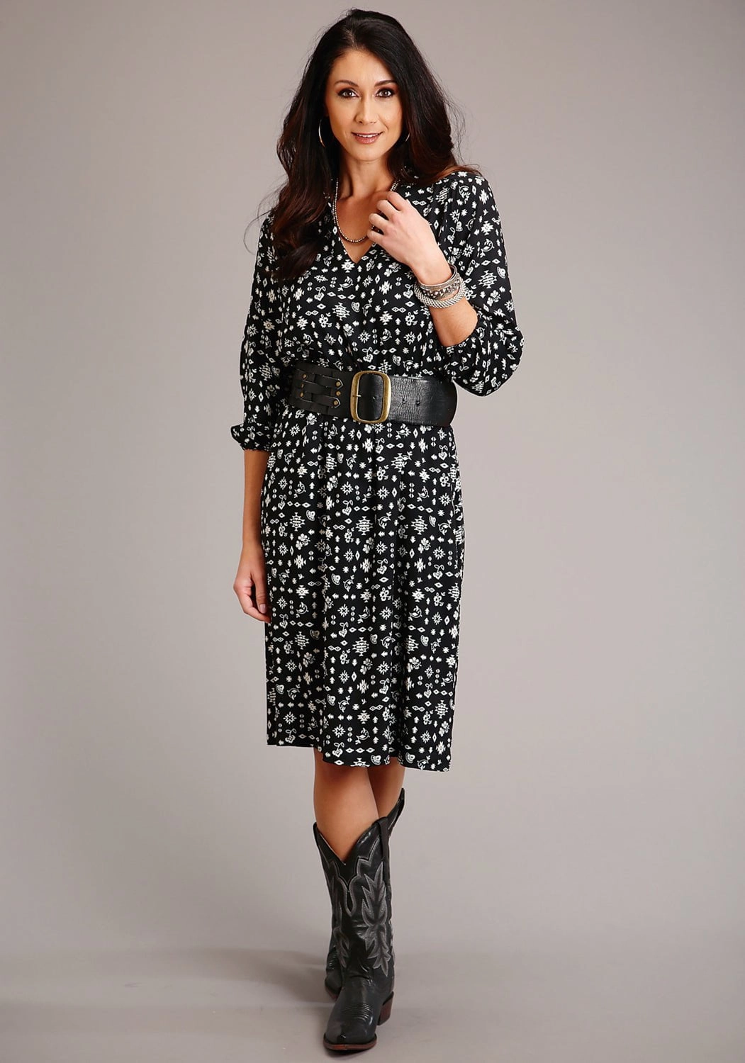 Thermal Insulation Knits Stetson Womens Black Rayon/Nylon Southwestern Ditzy L/S Dress