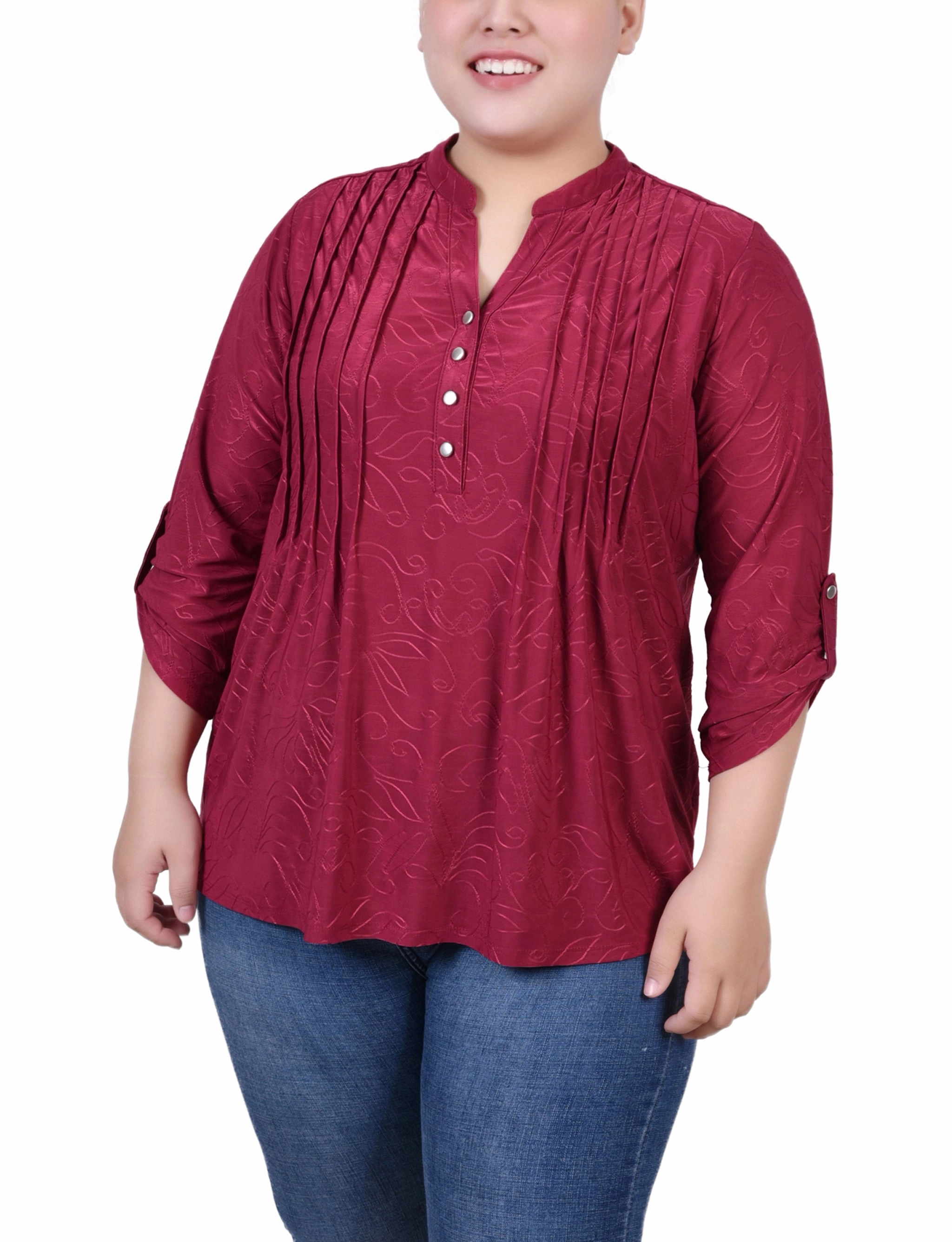 Plus Size 3/4 Roll Tab Pullover Top Perfect Day-to-Night Simple Bow