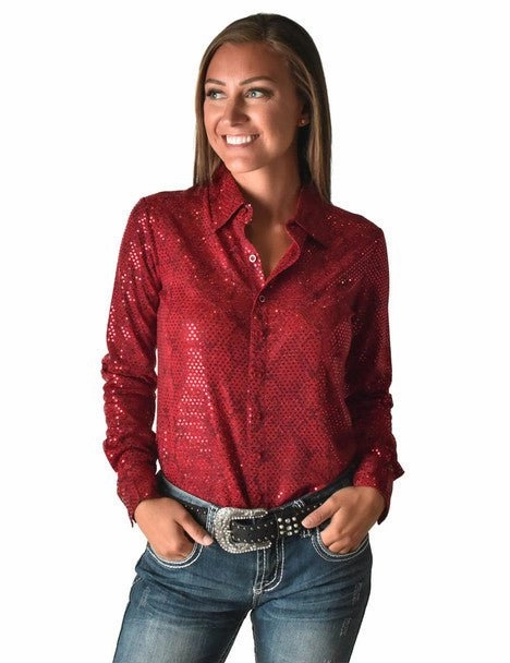 Mountain Retreat Cowgirl Tuff Womens Metallic Snakeskin Bling Red Poly/Spandex L/S Blouse