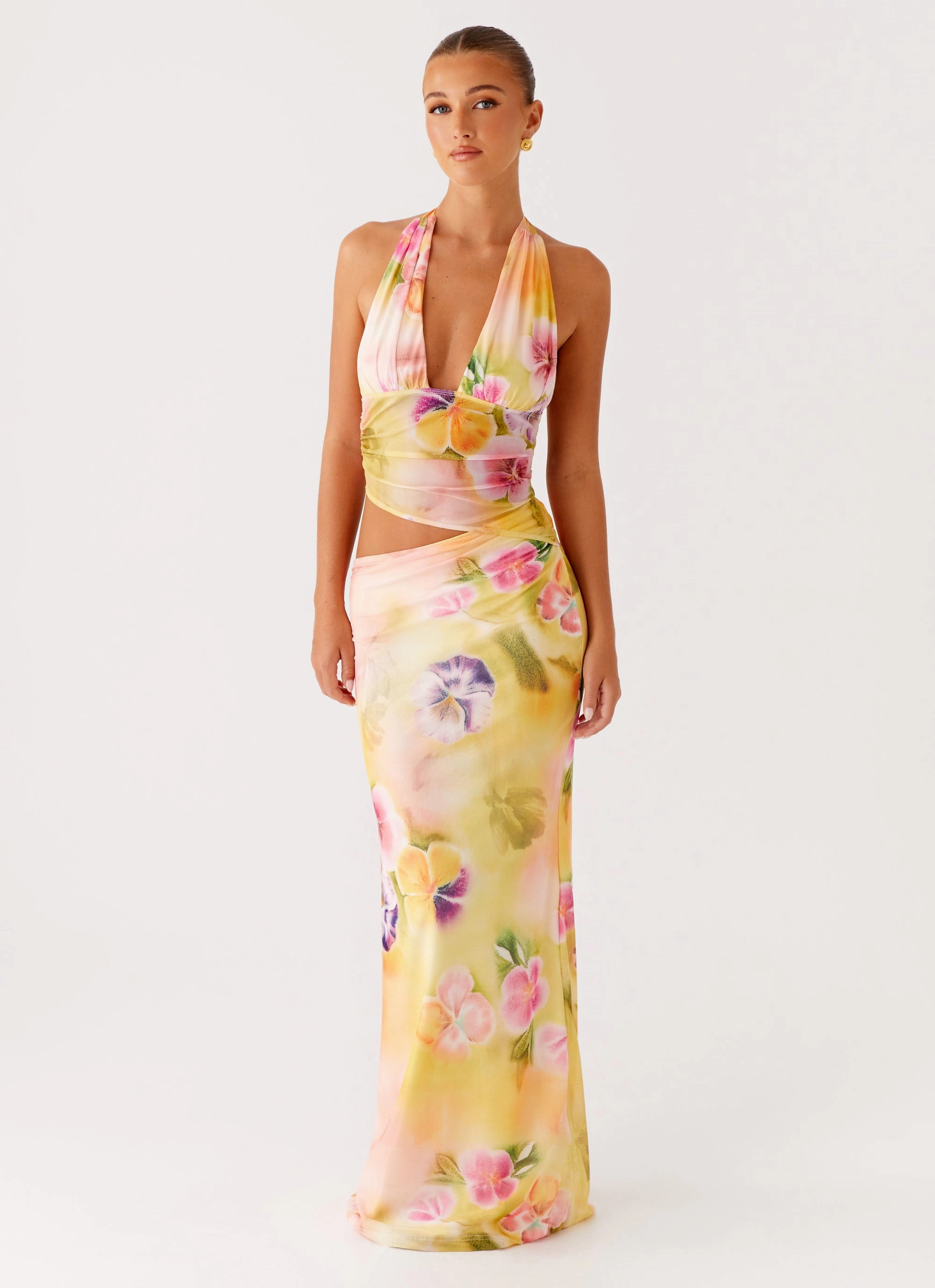 Business Attire Stand Collar Main Act Halter Maxi Dress - Sunburst Floral