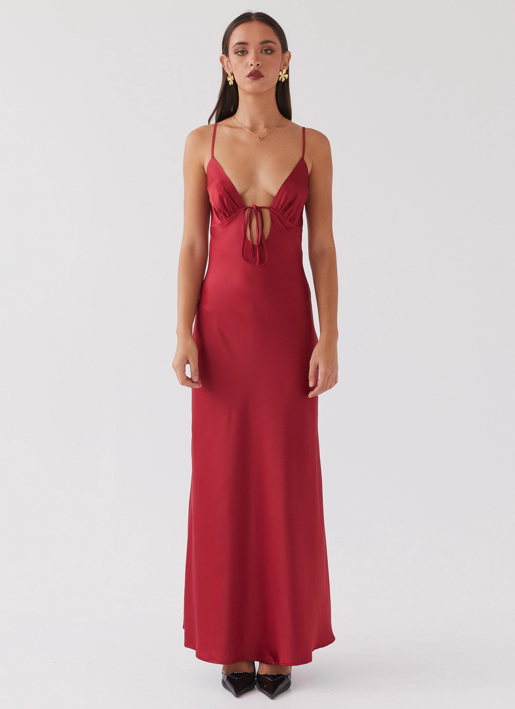Flora Satin Maxi Dress - Cherry Monochrome Look