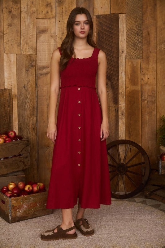 Samantha Smocked Sleeveless Button Down Midi Dress Cold-Shoulder High-Neck