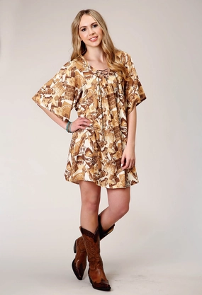 Silky Form Roper Womens Collage Peasant Brown 100% Rayon S/S Dress