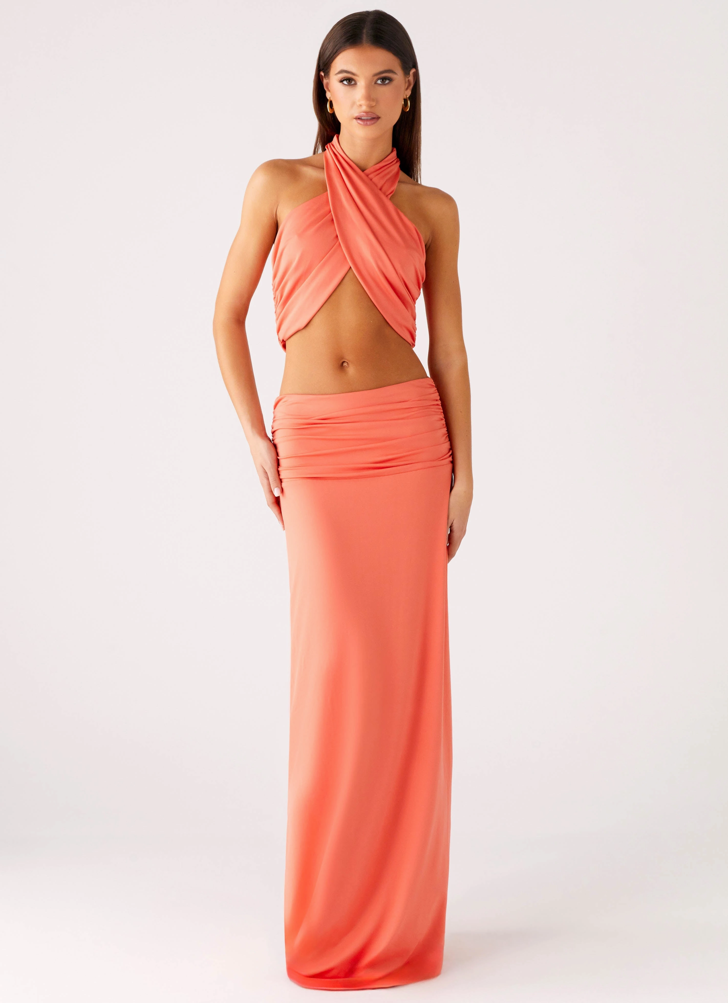 Roll Up Hem Sleek Styling Elisabetta Maxi Skirt - Coral