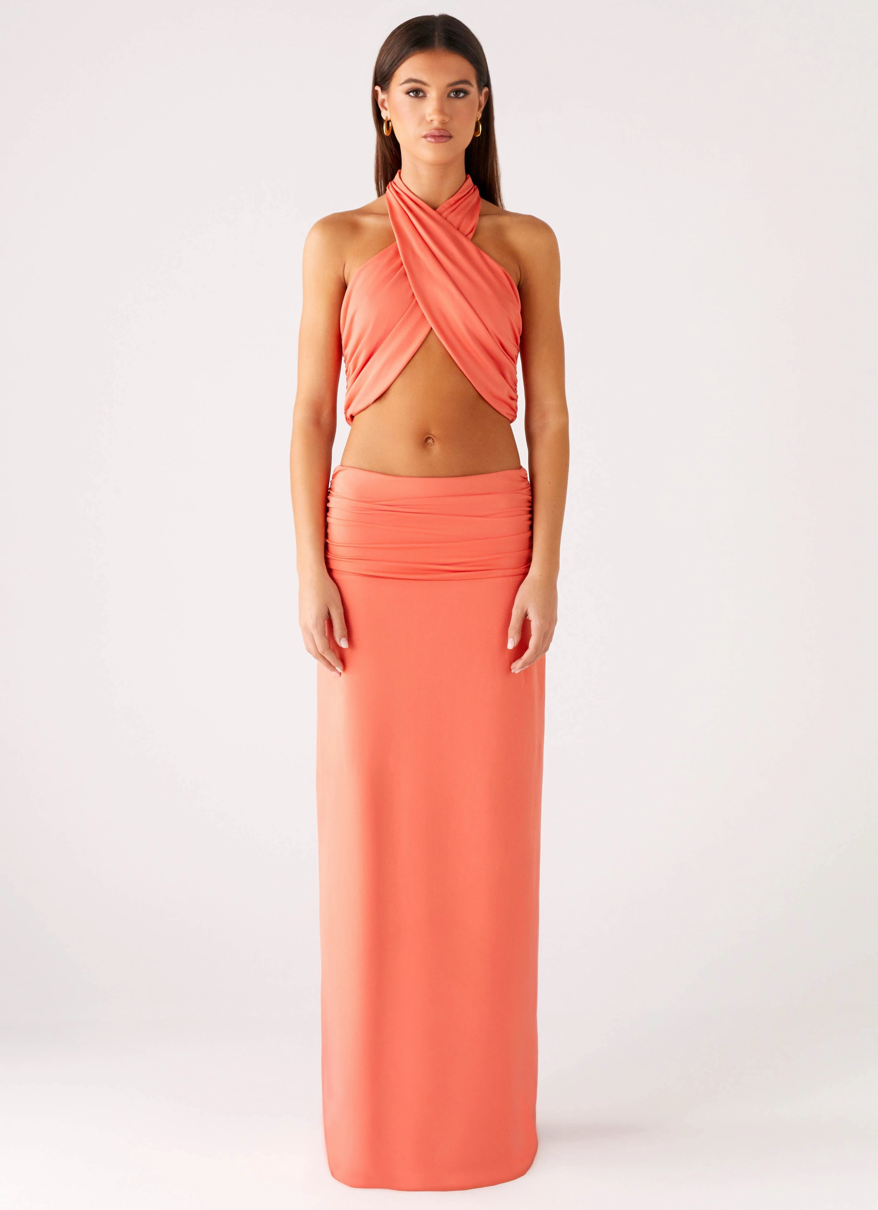 Bold Edge Side Slit Elisabetta Maxi Skirt - Coral