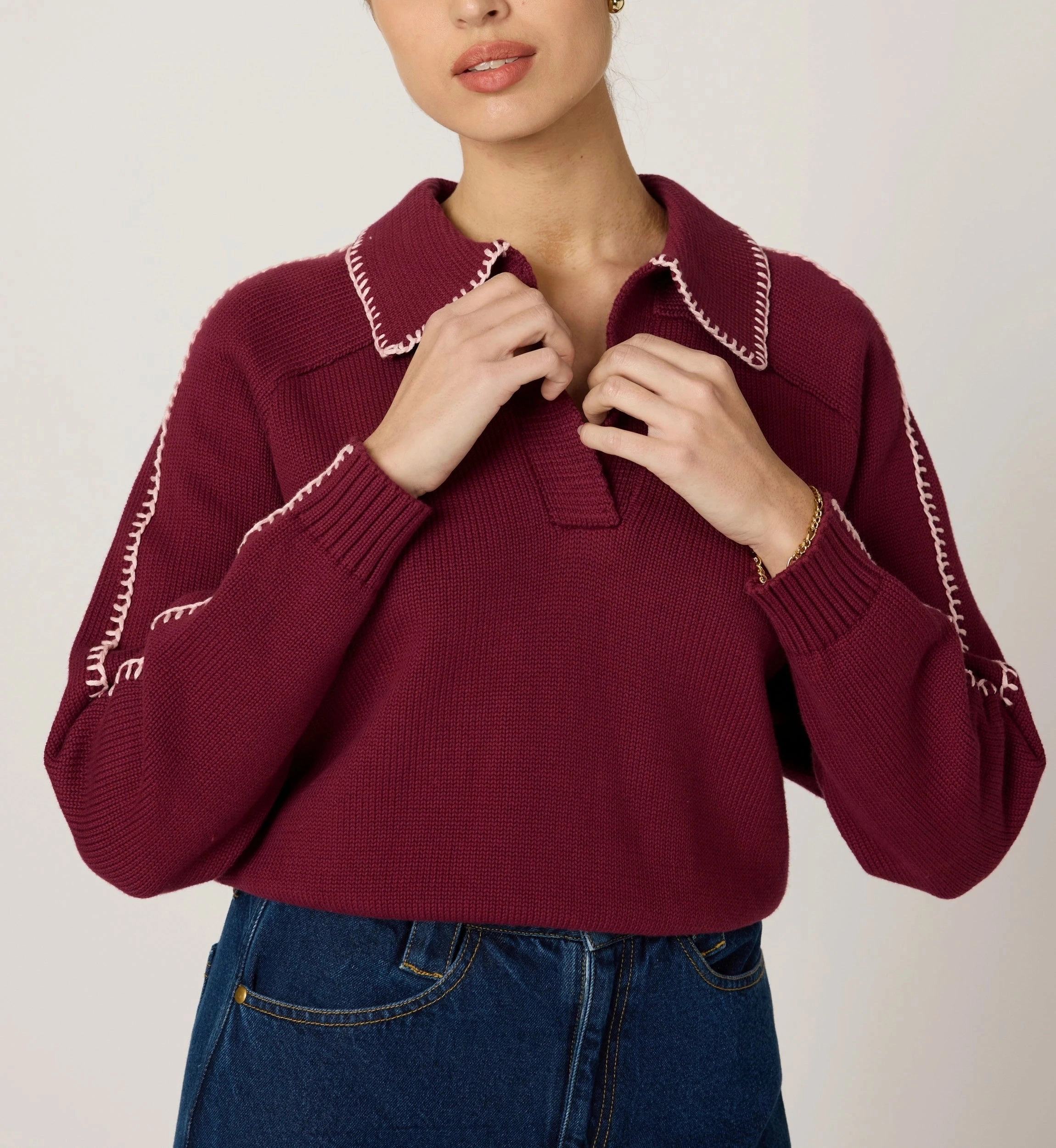 Elly Sweater | Zinfandel / Ivory Classic Polo