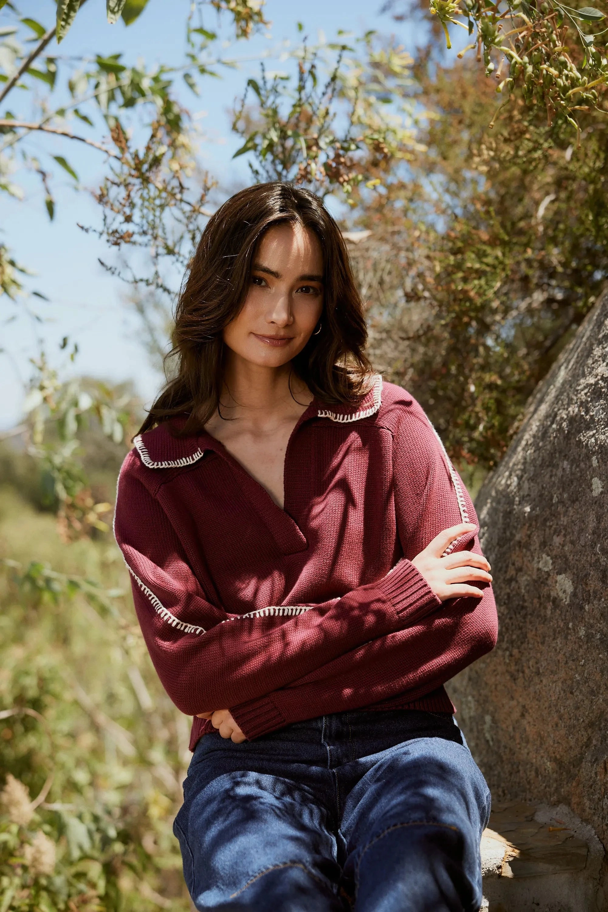 Minimalist Stitching PunctureResistantReinforcement Elly Sweater | Zinfandel / Ivory