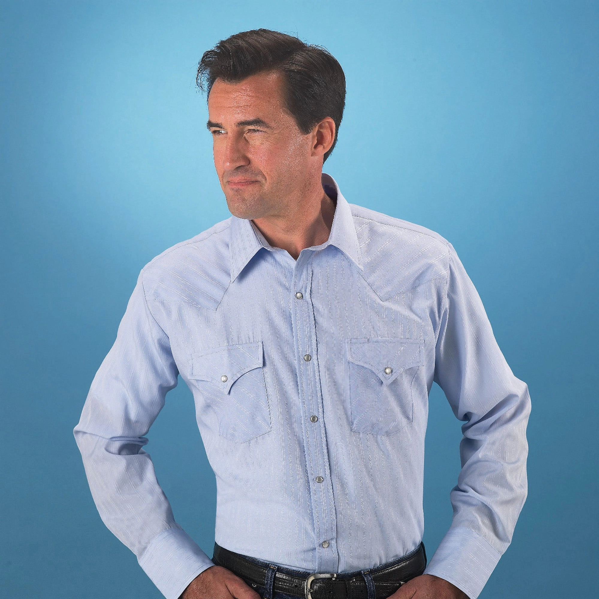 No Chafe Edging Lightweight Material Ely & Walker Mens Tonal Light Blue Western Shirt L/S Poly/Cotton