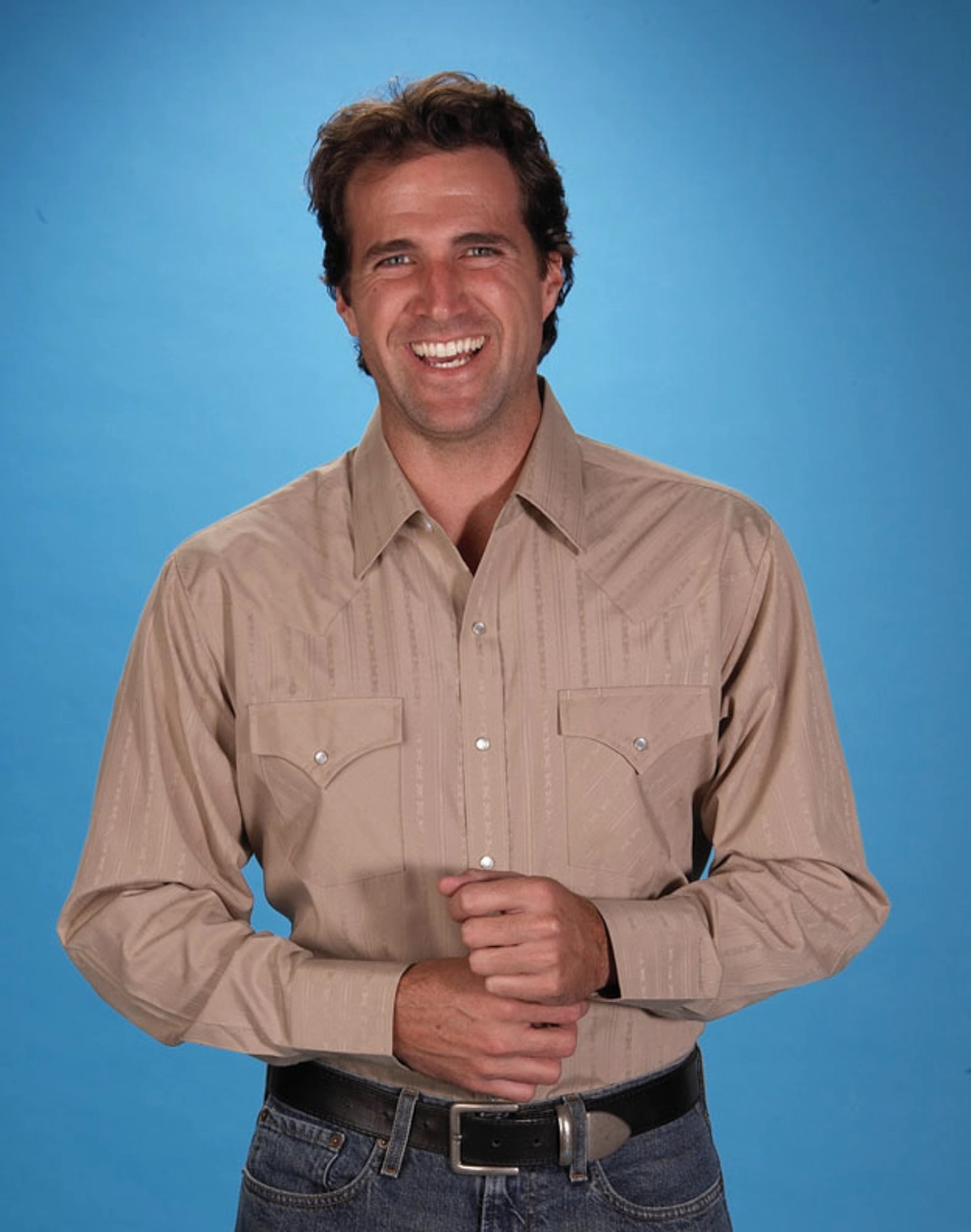 Standalone Option Ely & Walker Mens Tone on Tone Khaki Western Shirt L/S Poly/Cotton