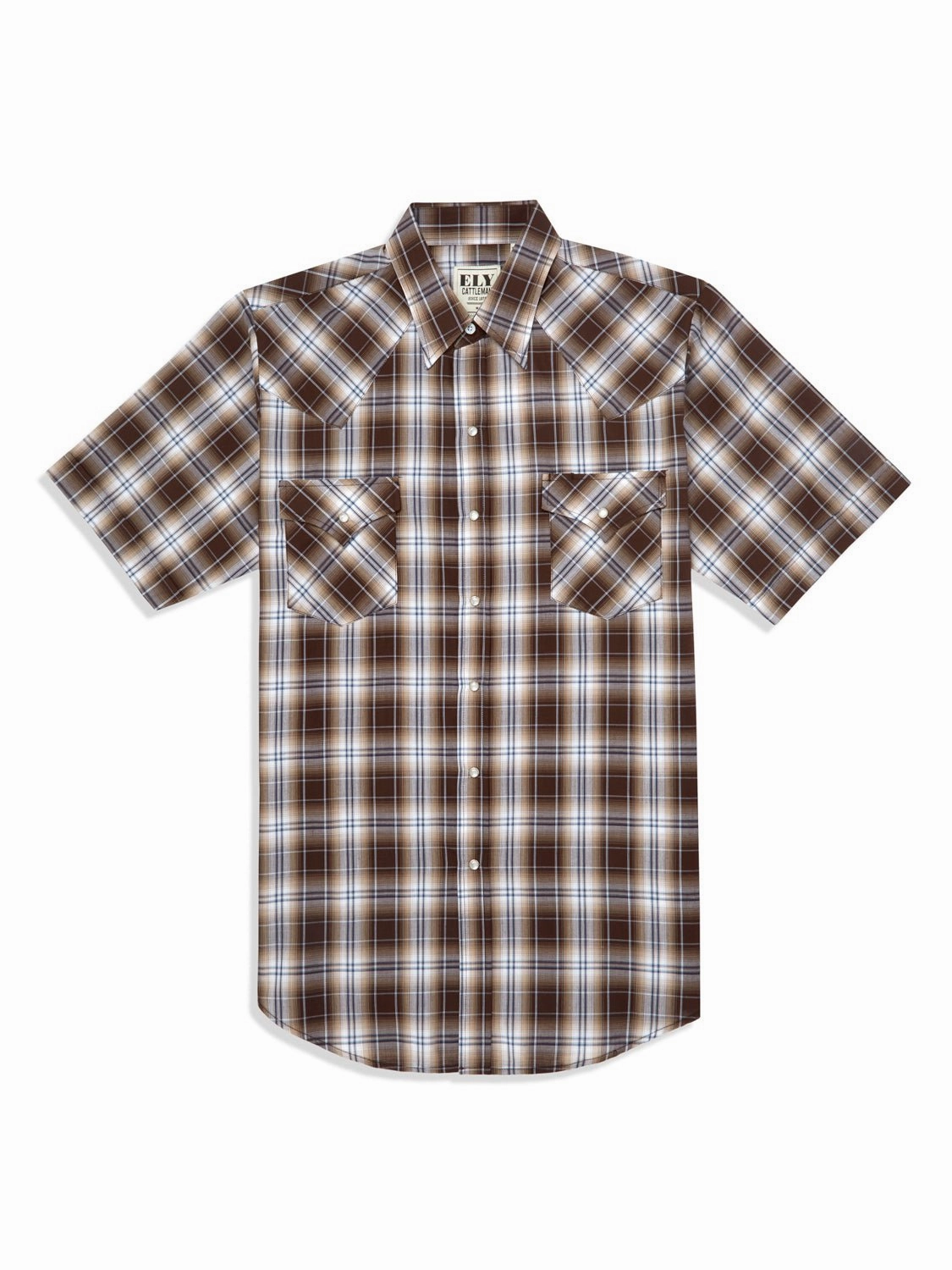 Ely and Walker Mens Plaid Snap Brown Poly/Cotton S/S Shirt Multi Pocket Design
