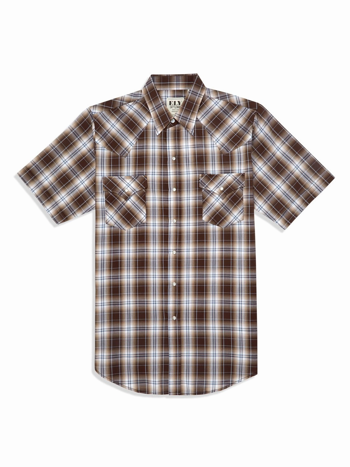 Ely and Walker Mens Plaid Snap Brown Poly/Cotton S/S Shirt Organic Cotton
