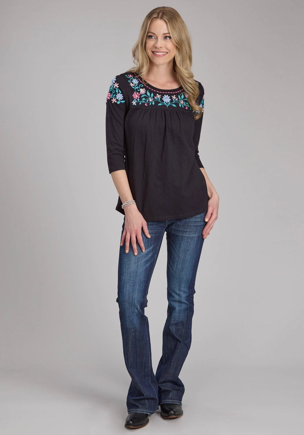 Performance Fabric birthday celebration Roper Womens Turquoise Flowers Black 100% Cotton 3/4 Sleeve S/S Blouse