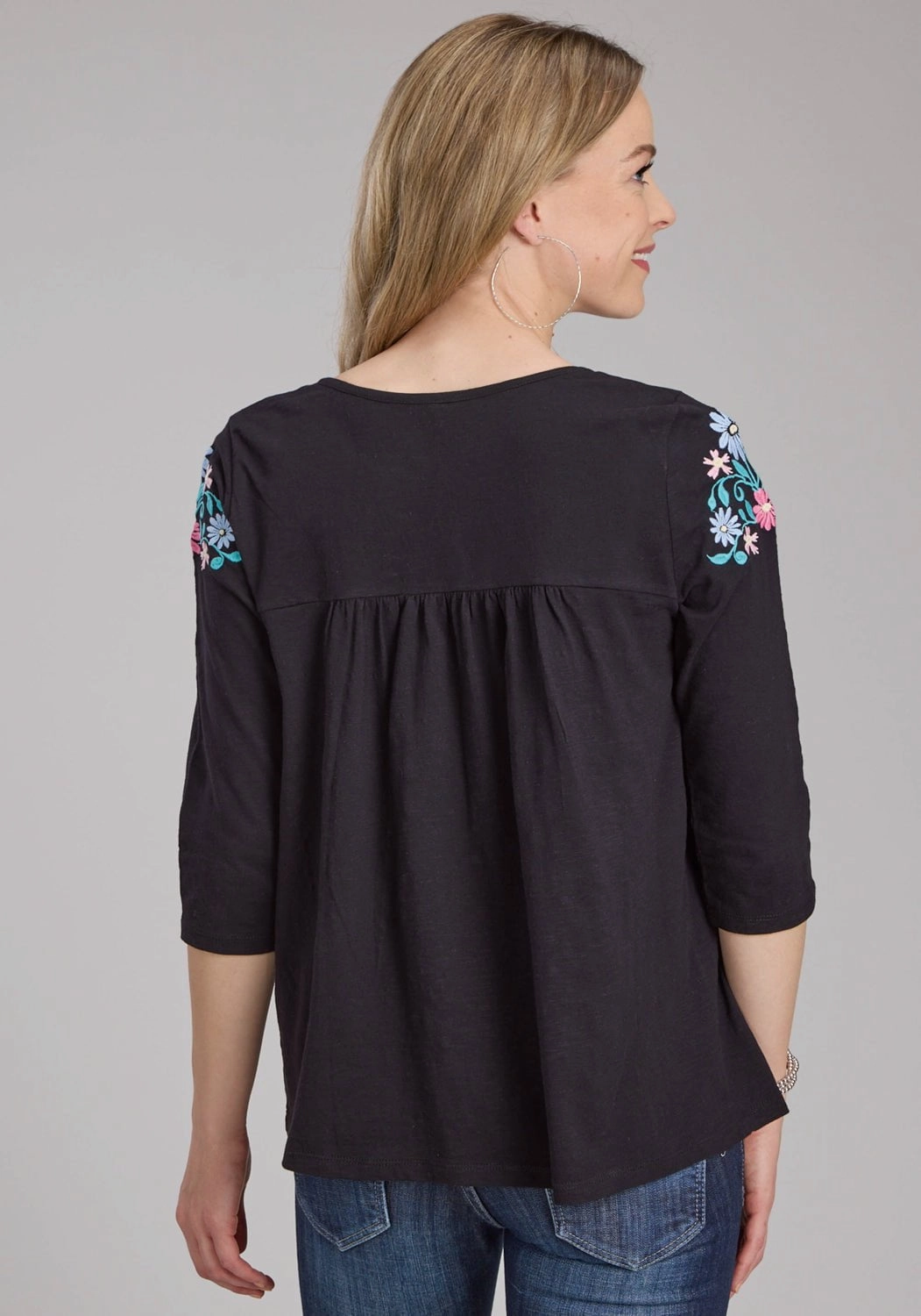 Warm Layers Anti Static Treatment Roper Womens Turquoise Flowers Black 100% Cotton 3/4 Sleeve S/S Blouse