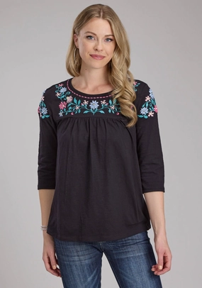 Sophisticated Elegance Roper Womens Turquoise Flowers Black 100% Cotton 3/4 Sleeve S/S Blouse