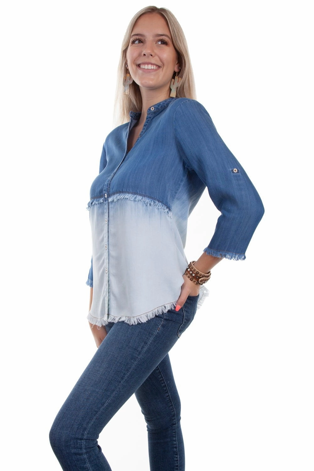 Scully Womens Denim Tencel Dip Dye S/S Blouse Two Tone Stitching Non Static Finish