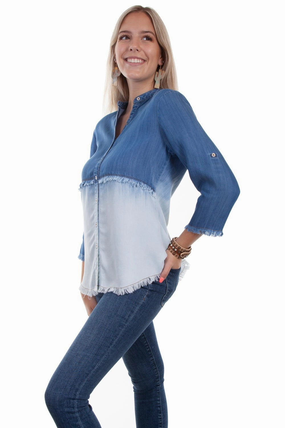 Scully Womens Denim Tencel Dip Dye S/S Blouse Sophisticated Style Unique Design