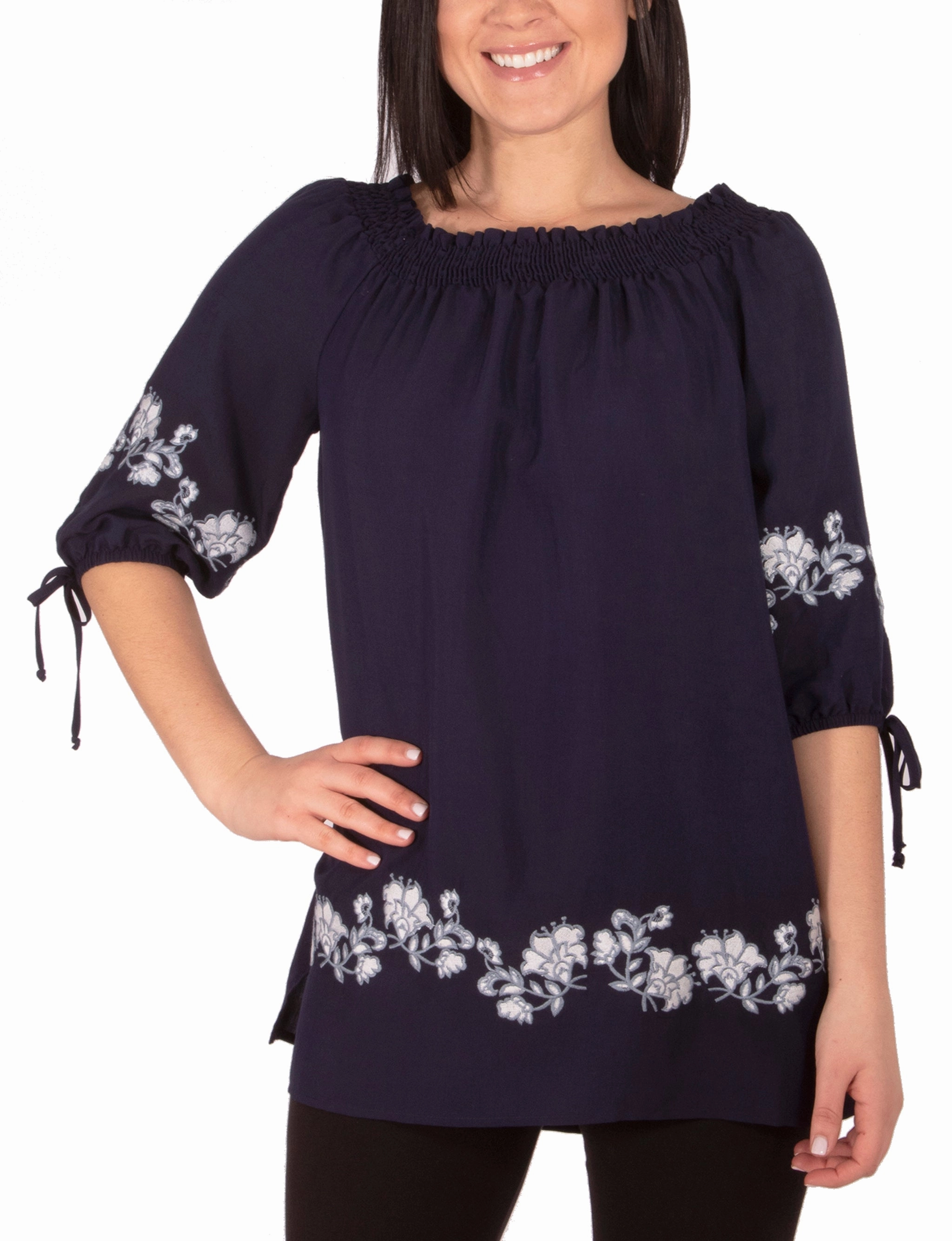 Embroidered Elbow Sleeve Peasant Blouse hypoallergenic material
