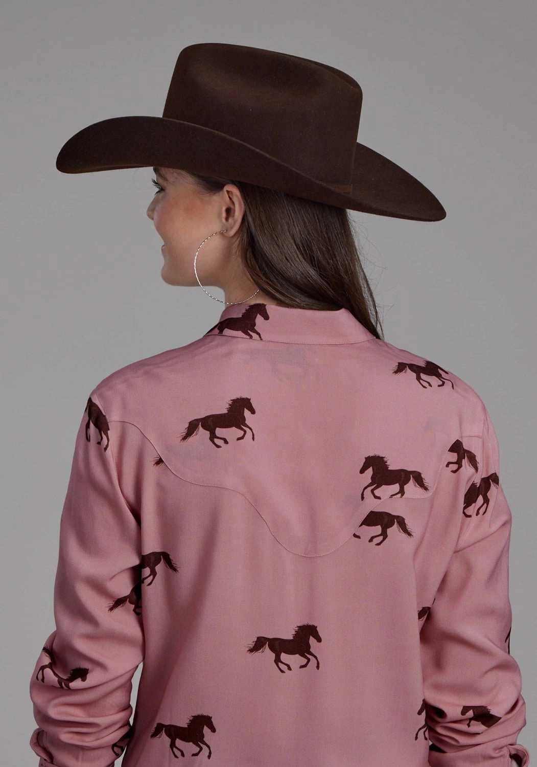 Roper Womens Wild Horses Tie Pink 100% Rayon L/S Blouse Chic Design