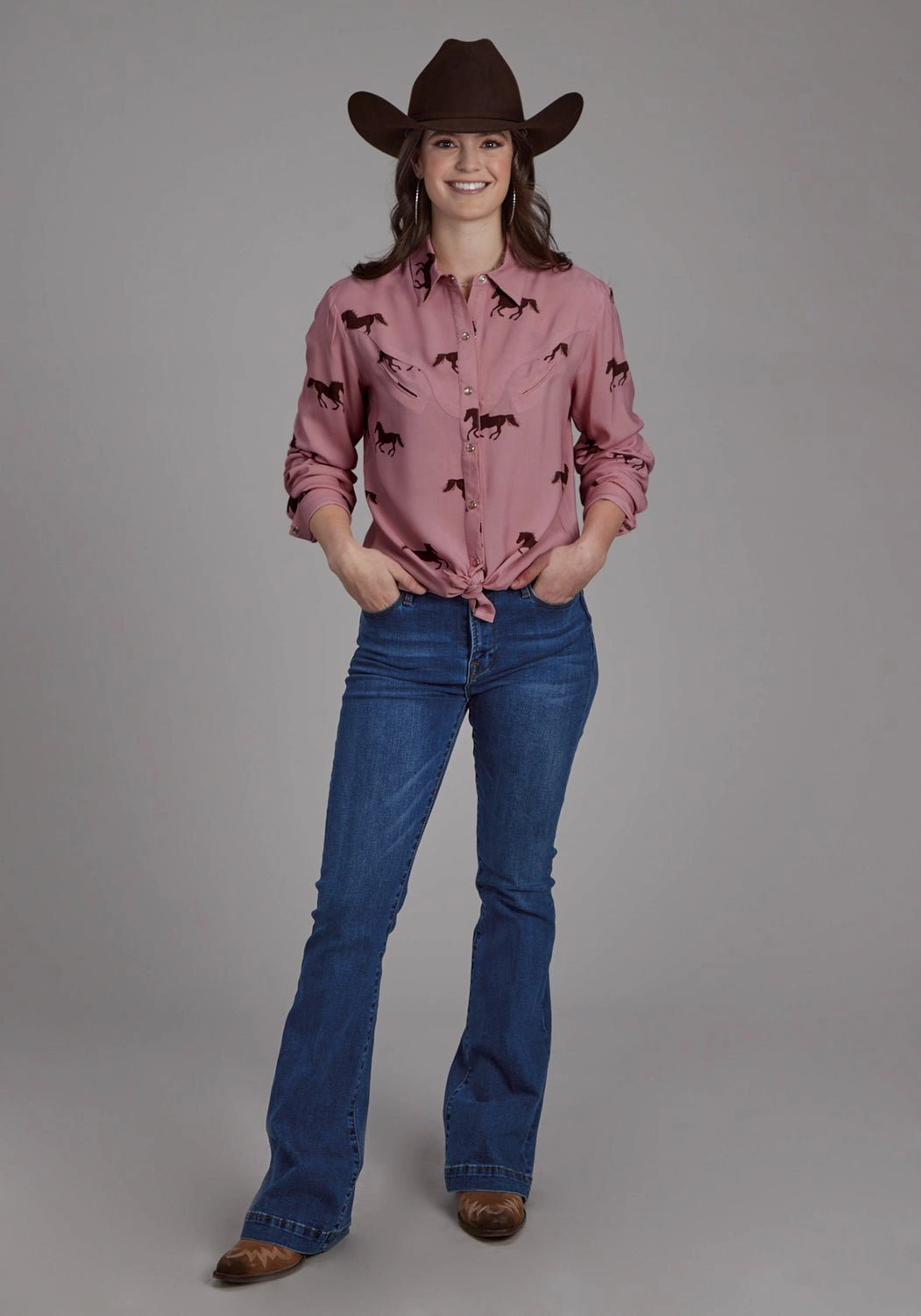 Cooling Mesh Lining Festival Outfit Roper Womens Wild Horses Tie Pink 100% Rayon L/S Blouse