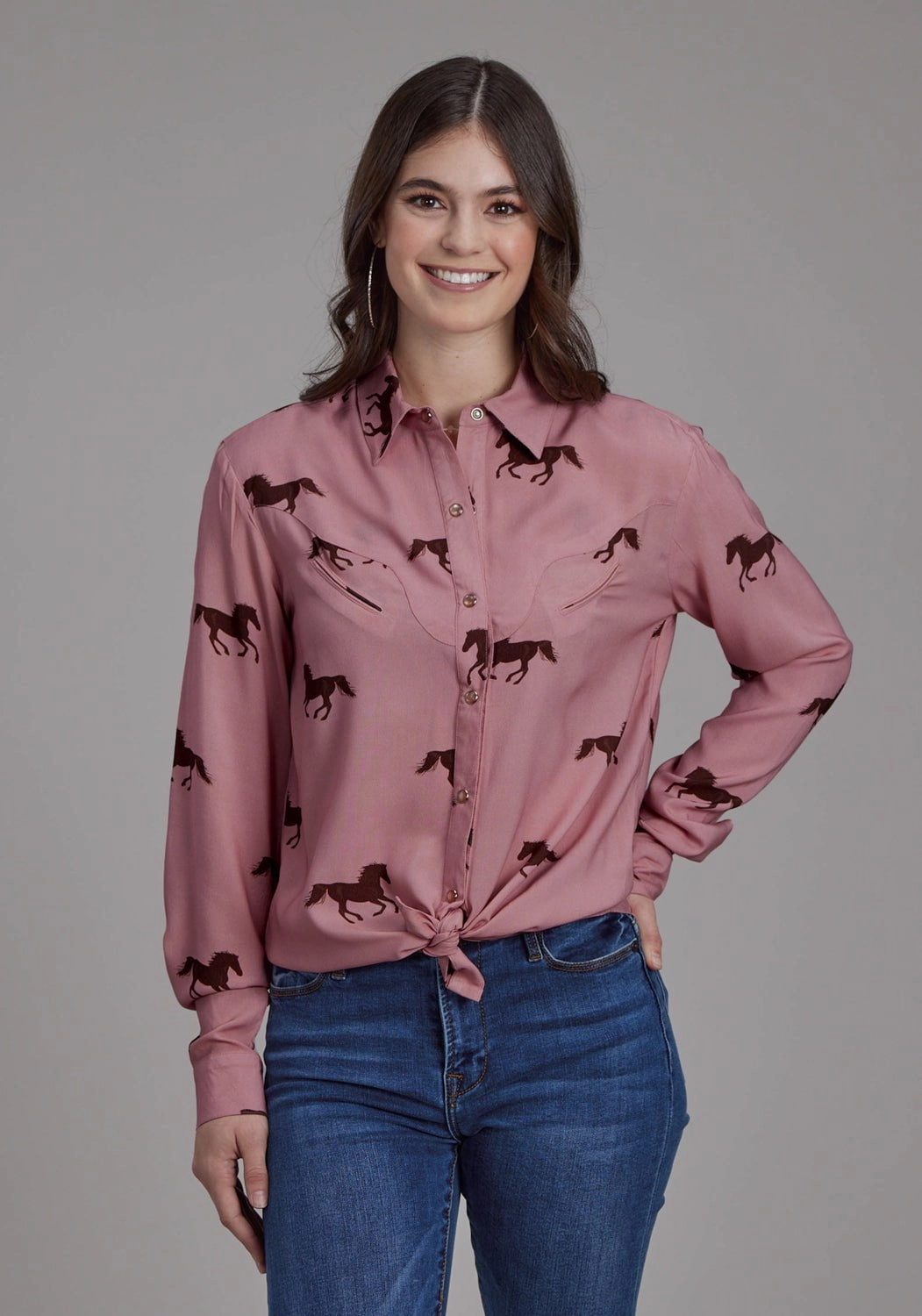 Pullover Design Warm Layers Roper Womens Wild Horses Tie Pink 100% Rayon L/S Blouse