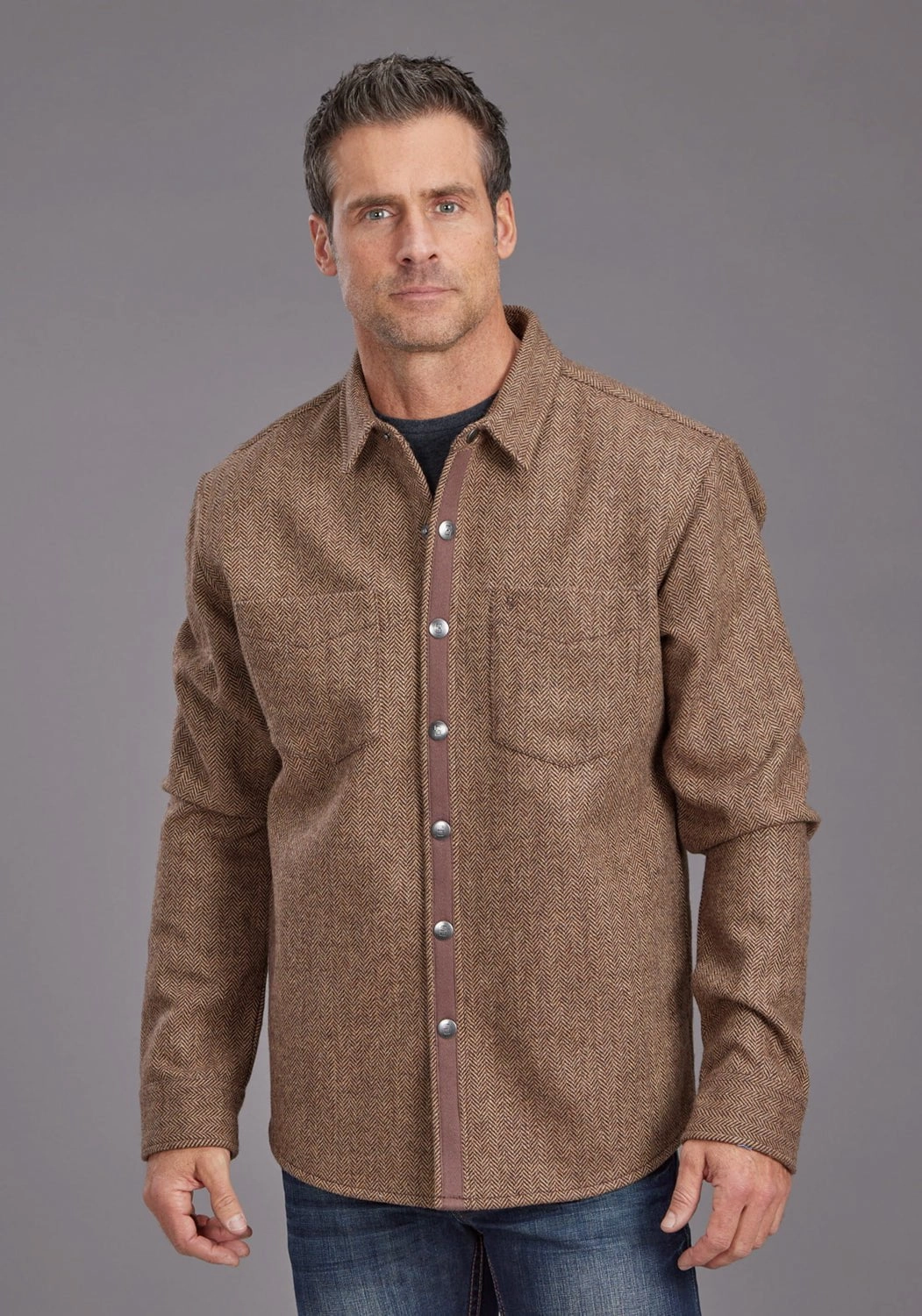 Stetson Mens Herringbone Jacket Brown Poly/Wool L/S Shirt Contemporary Look Weekend Casual