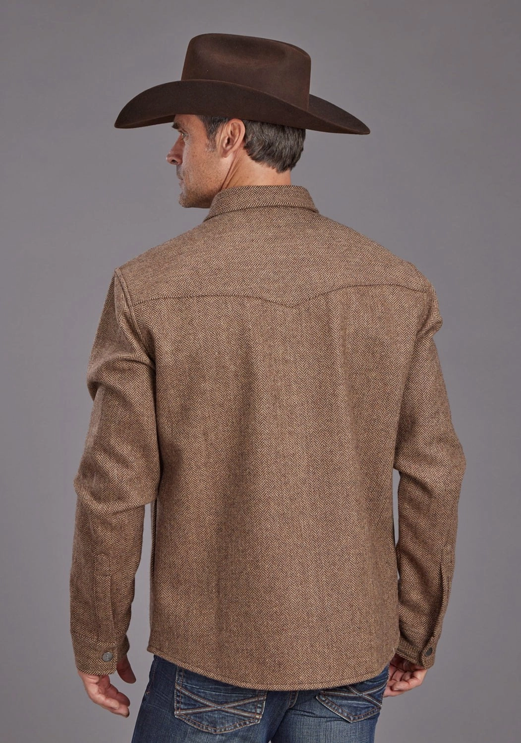 Stetson Mens Herringbone Jacket Brown Poly/Wool L/S Shirt Reinforced Hems Ergonomic Back Panel