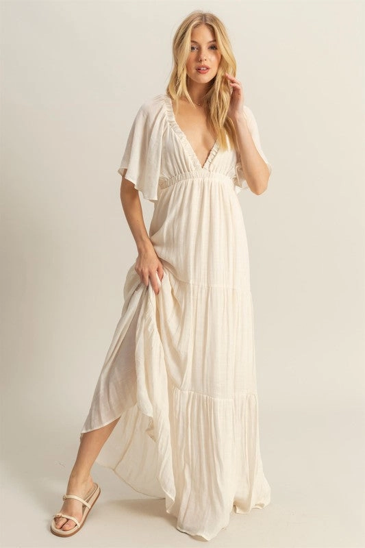 Neat Finish Emily V-Neck Flowy Sleeves Tiered Maxi Dress
