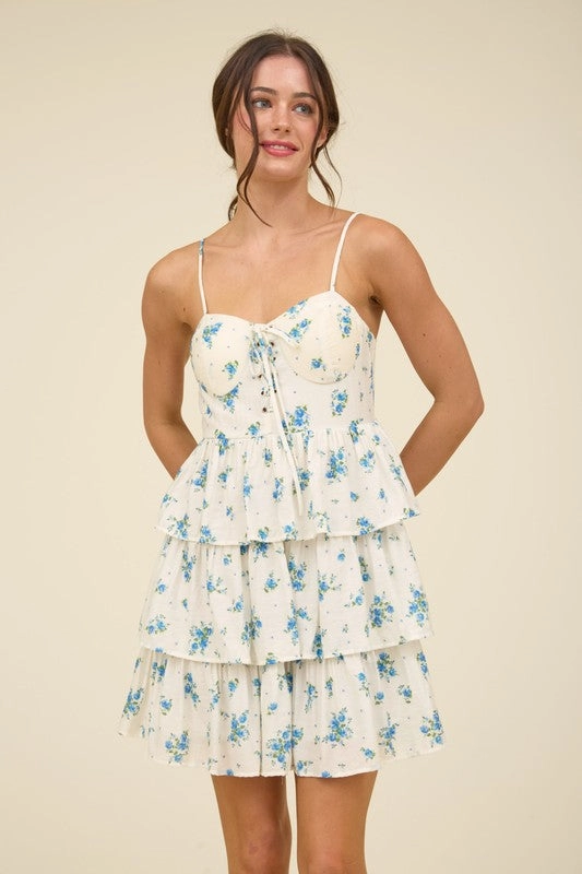 EMMALEE FLORAL FRONT LACE UP RUFFLE TIERED MINI DRESS Day Ready Earth Colors