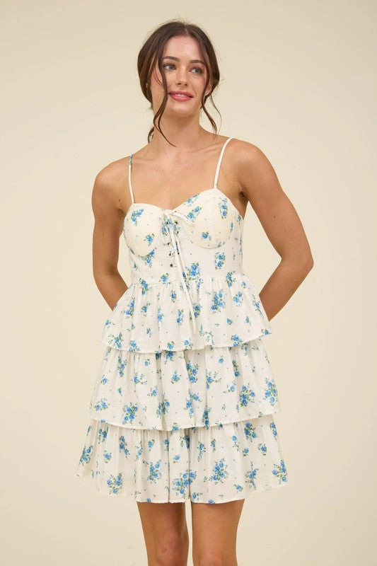 EMMALEE FLORAL FRONT LACE UP RUFFLE TIERED MINI DRESS Easy Vibe