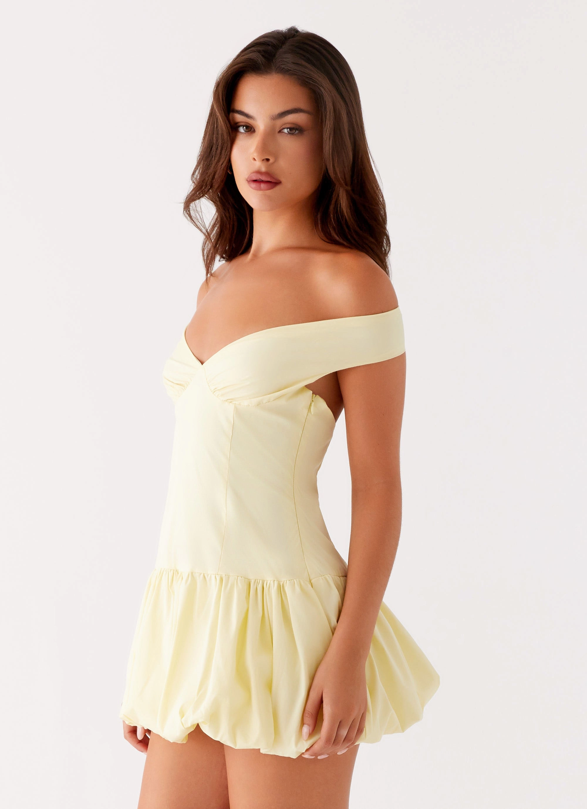 Simple Wool Coat Endless Romance Off Shoulder Mini Dress - Yellow