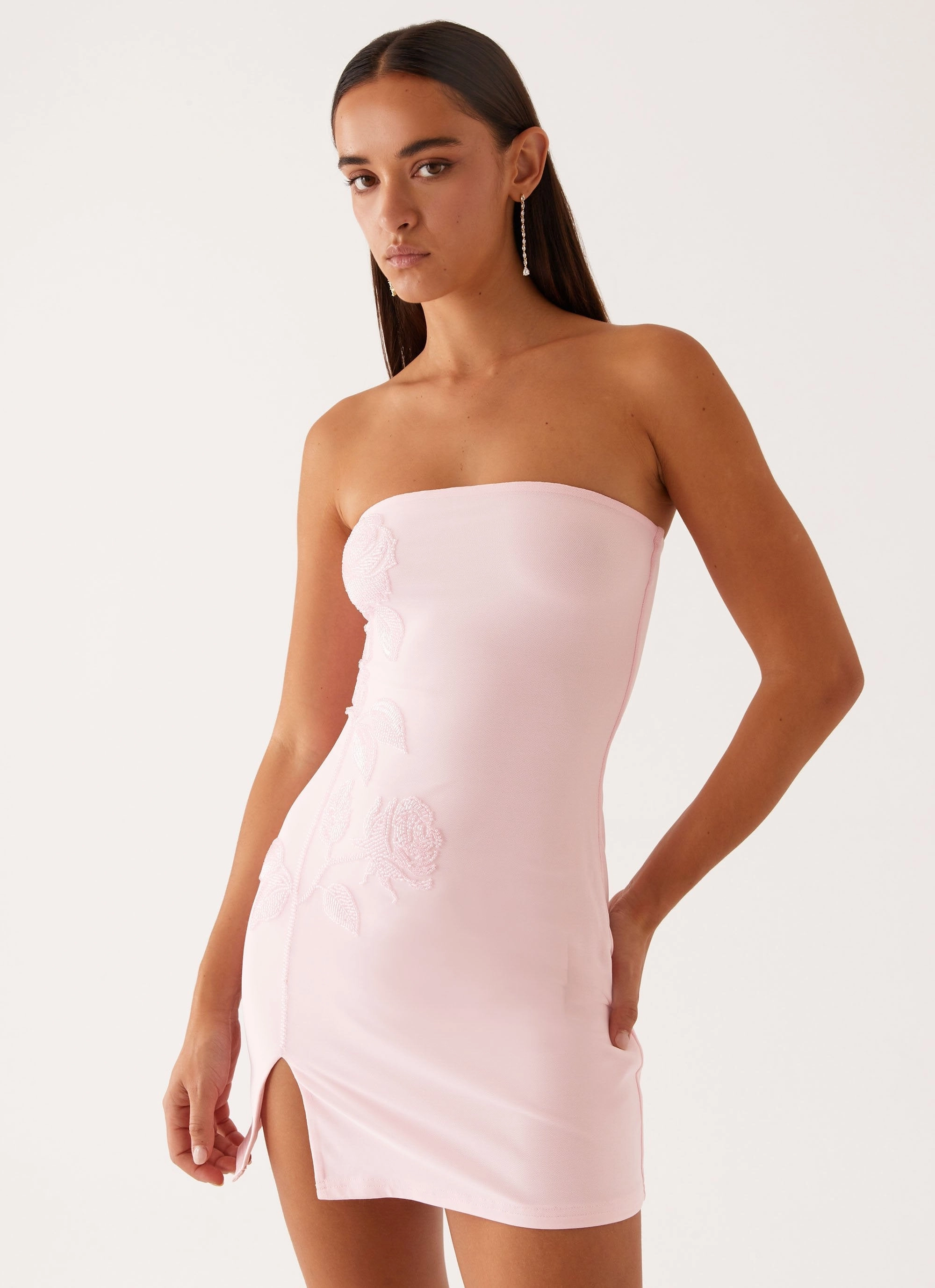 Enora Beaded Mini Dress - Baby Pink Tactile Feel High-Neck