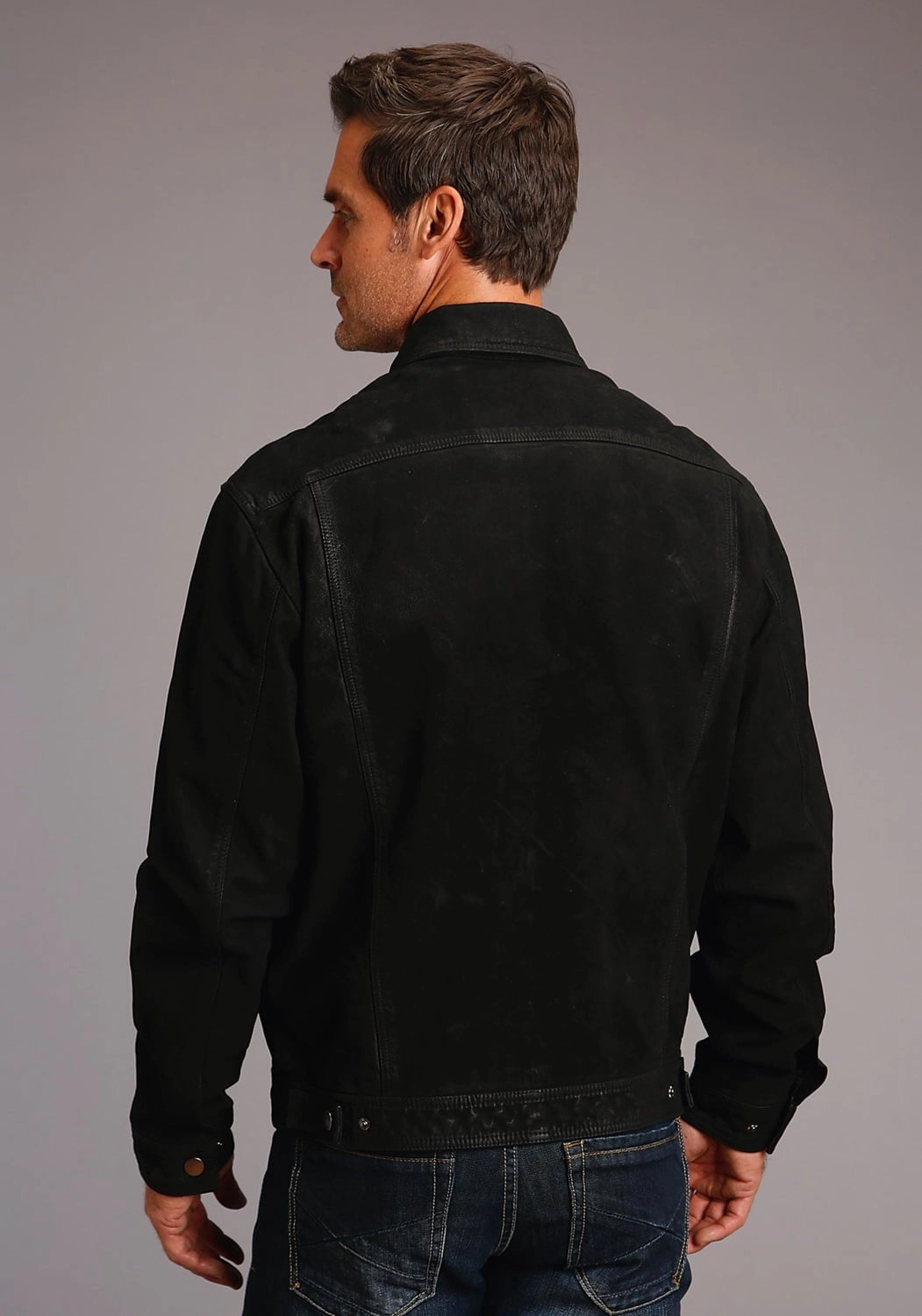 UV Protective Layer Easy Care Fabric Stetson Mens Black Leather Distressed Jean Jacket