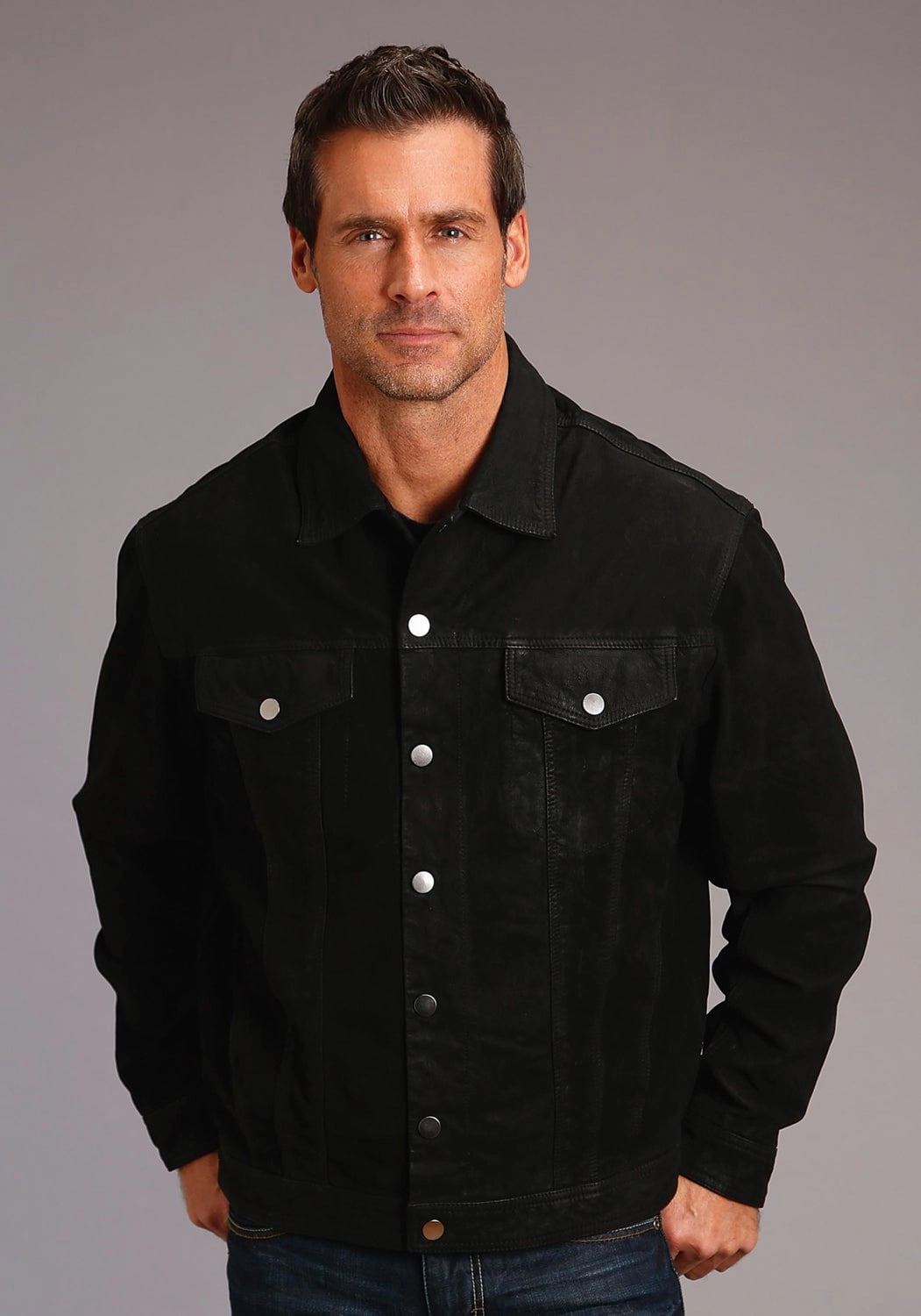 EcoFriendly Water Repellency Breathable fabric Stetson Mens Black Leather Distressed Jean Jacket