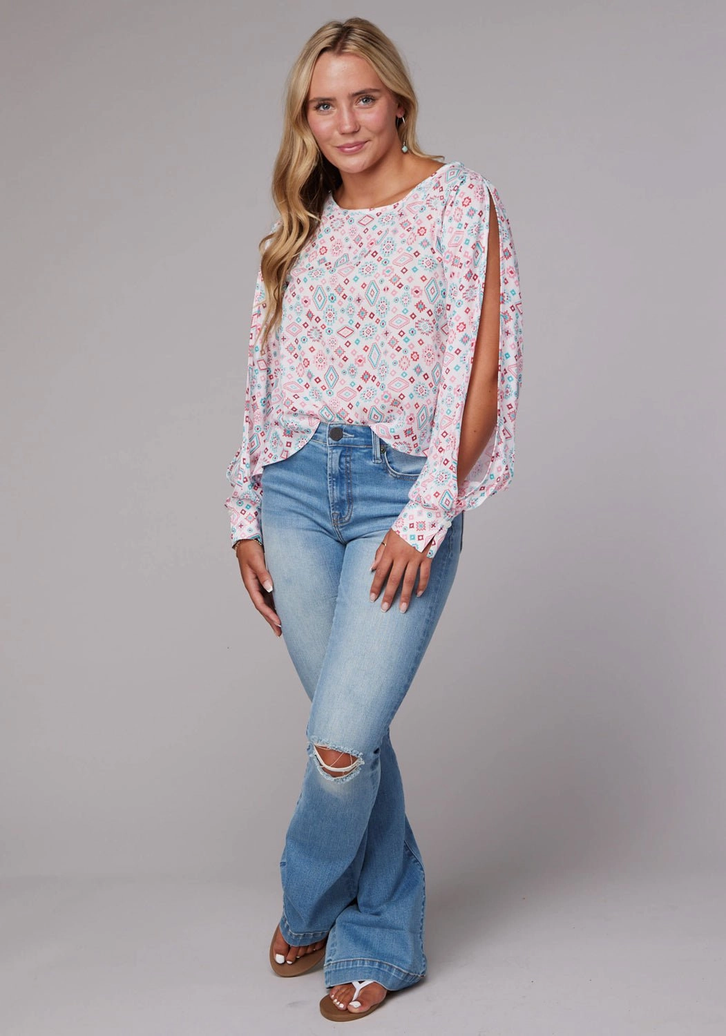 Roper Womens Scattered Aztec Multi-Color 100% Rayon L/S Blouse Trendy Vibes